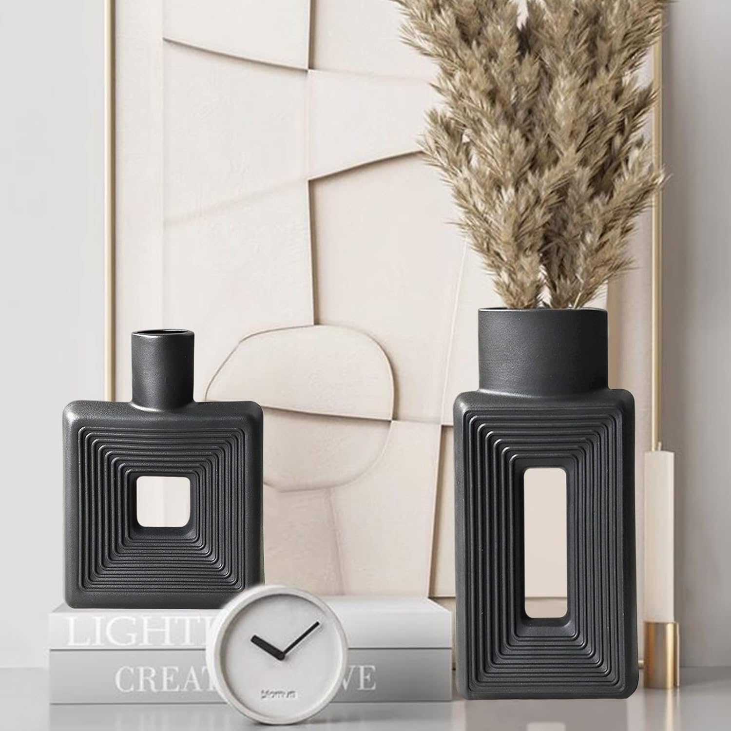 Black Ceramic Vase / Square Black / Set of 2