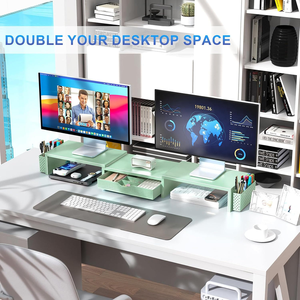 gianotter Dual Monitor Stand Riser With Drawer and 2 Pen Holders | Desk Organizer and Accessories Computer Monitor