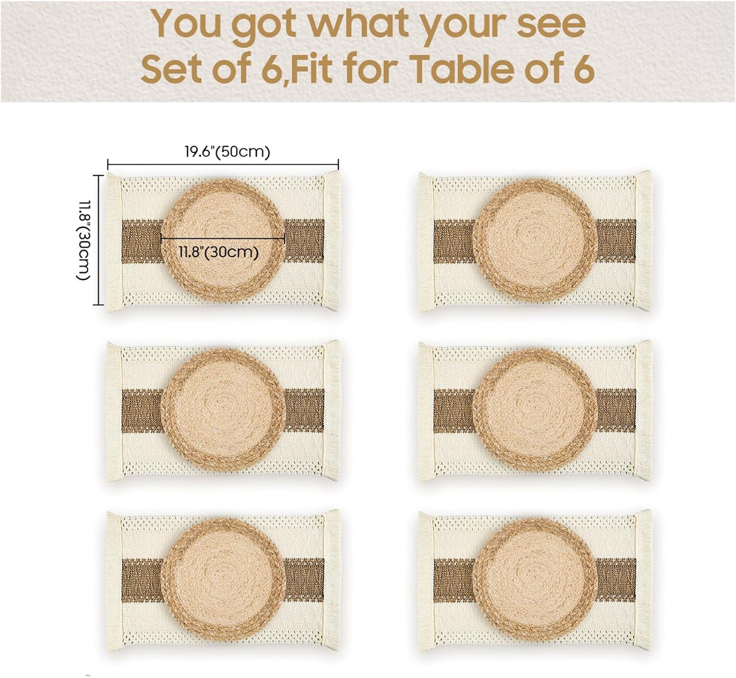 Placemats Set of 6 with 6 PCs Round Placemats and 6 PCs Table Mats | Natural,Handmade,Boho Woven Placemat,Burlap Table