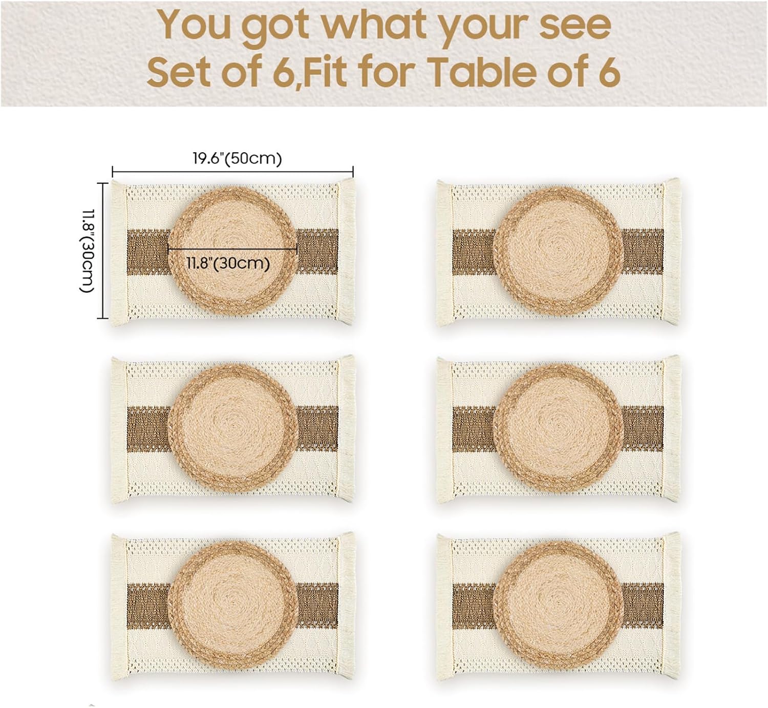 Placemats Set of 6 with 6 PCs Round Placemats and 6 PCs Table Mats | Natural,Handmade,Boho Woven Placemat,Burlap Table