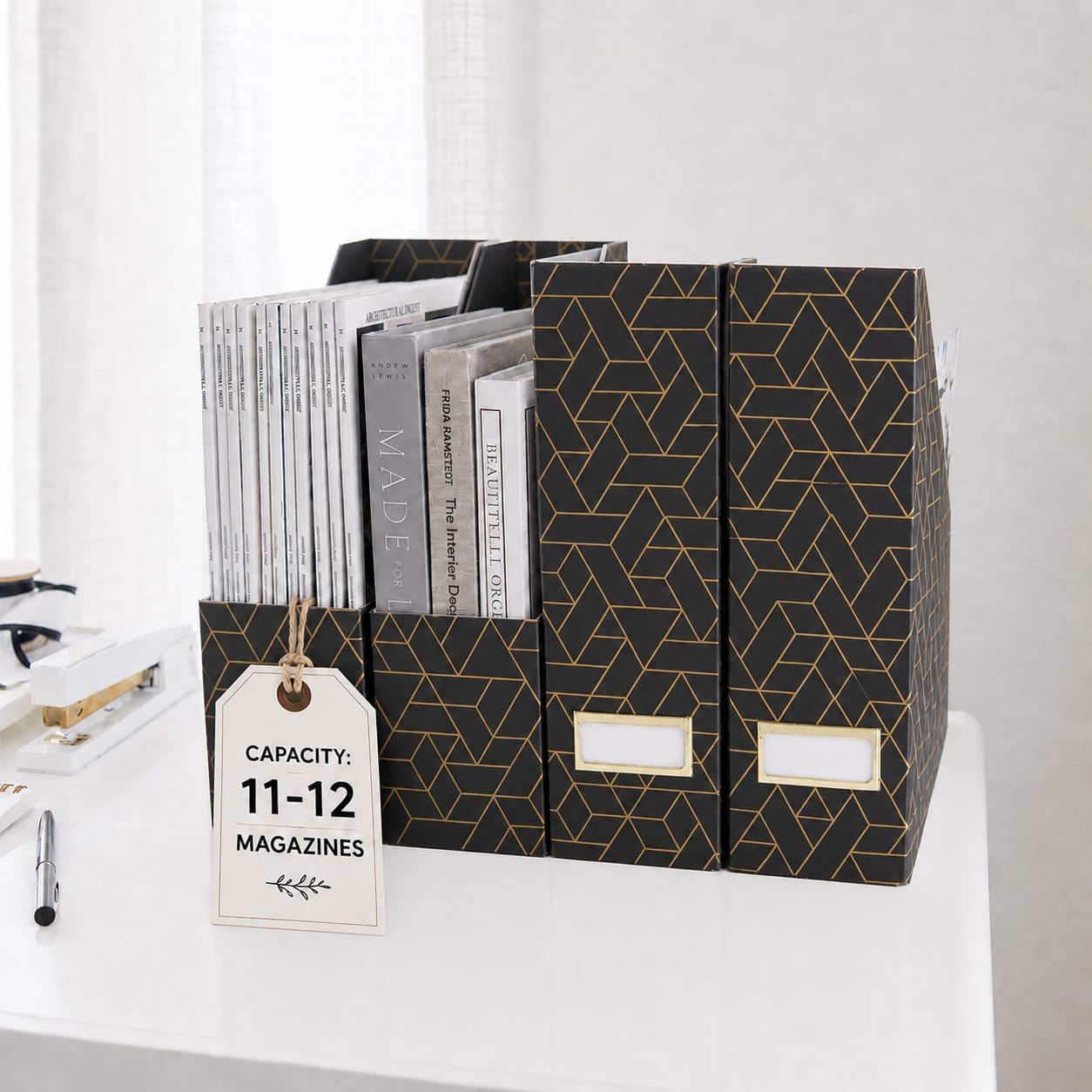 BLU MONACO | Set of 4 Black & Gold Geometric Magazine File Holders with Gold Label Holders | Stylish Vertical File