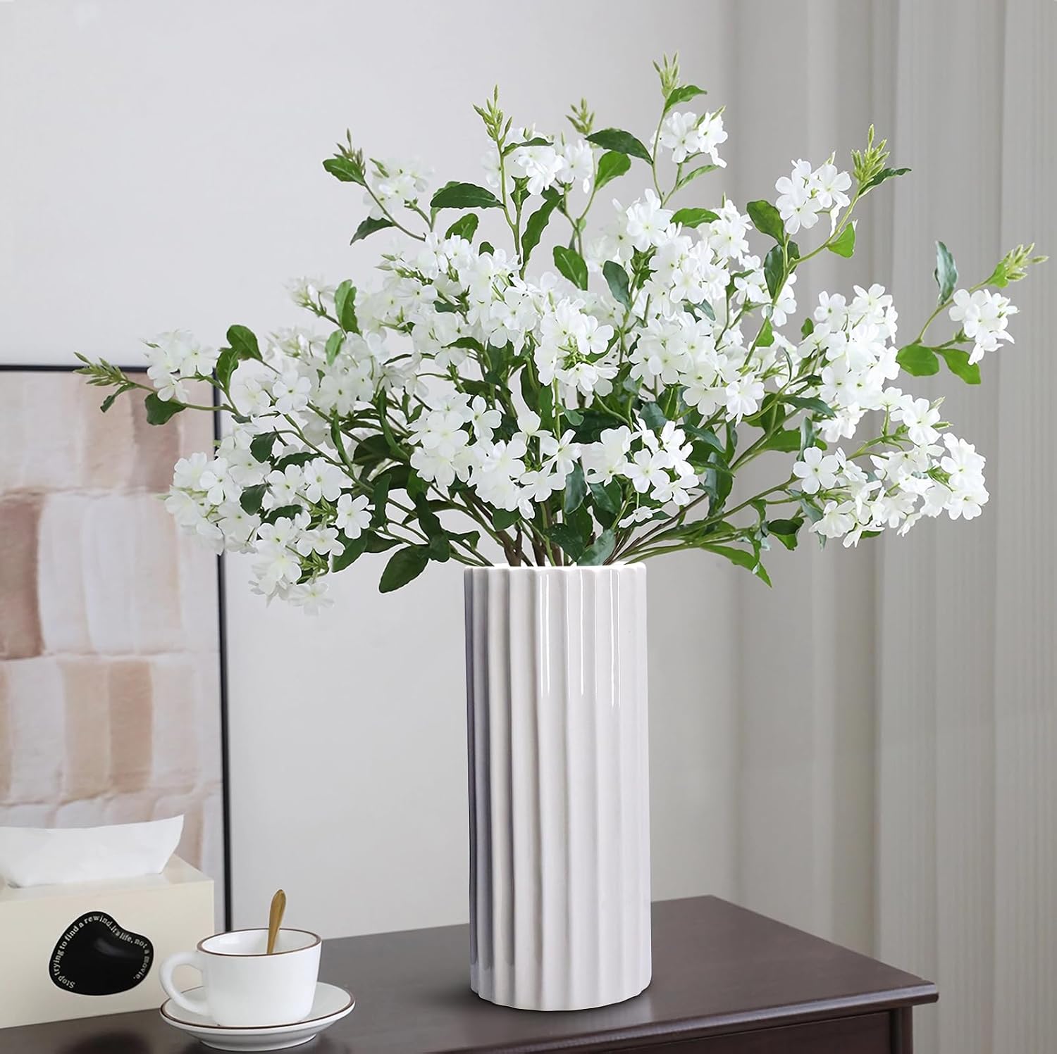 Glazed Ceramic Vase Ribbed Minimalist Waterproof Flower Vase / Straight Cylinder / White