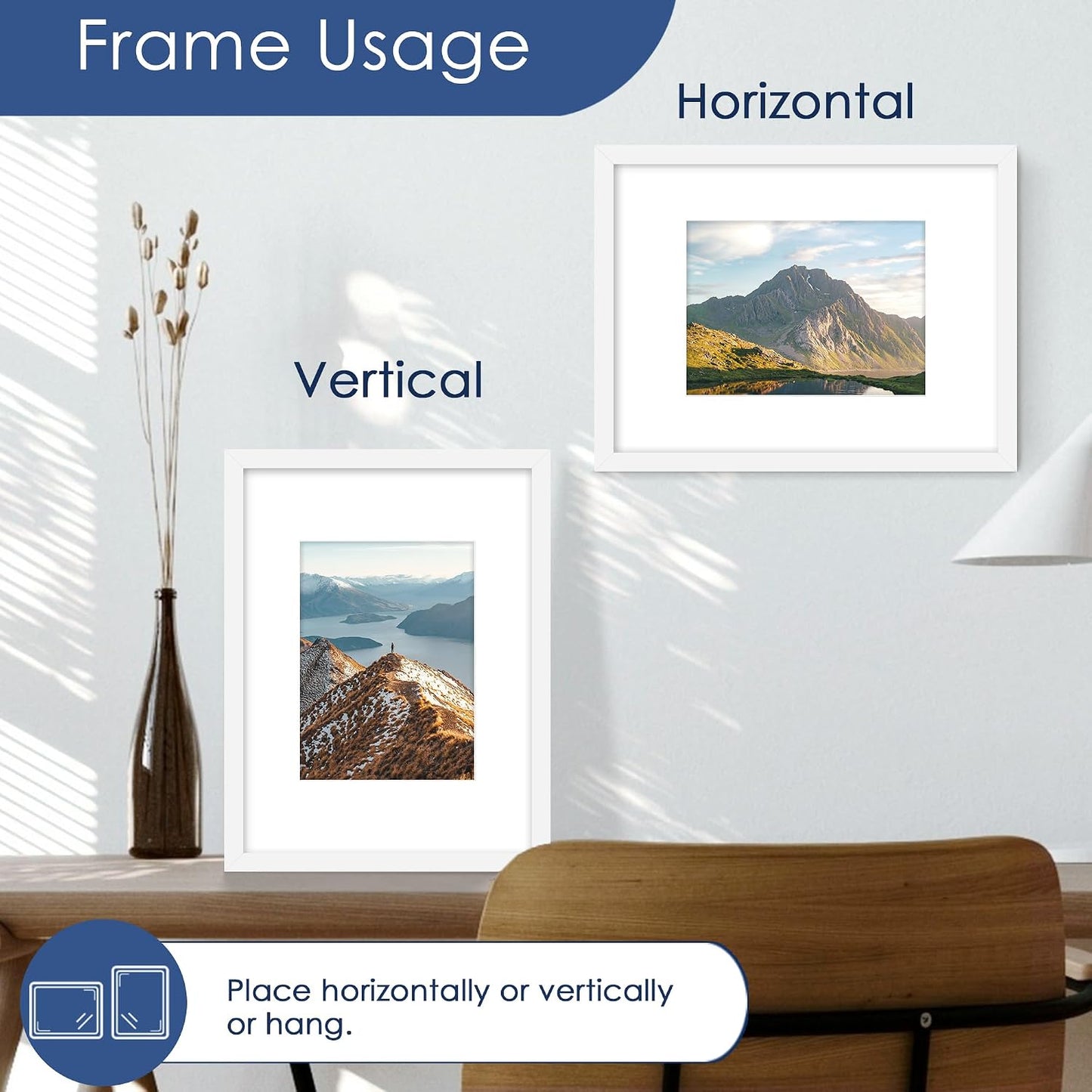 9x12 Picture Frame Set of 6, Wall or Tabletop Display, White | Display Pictures 6x8 with Mat or 9x12 Without Mat
