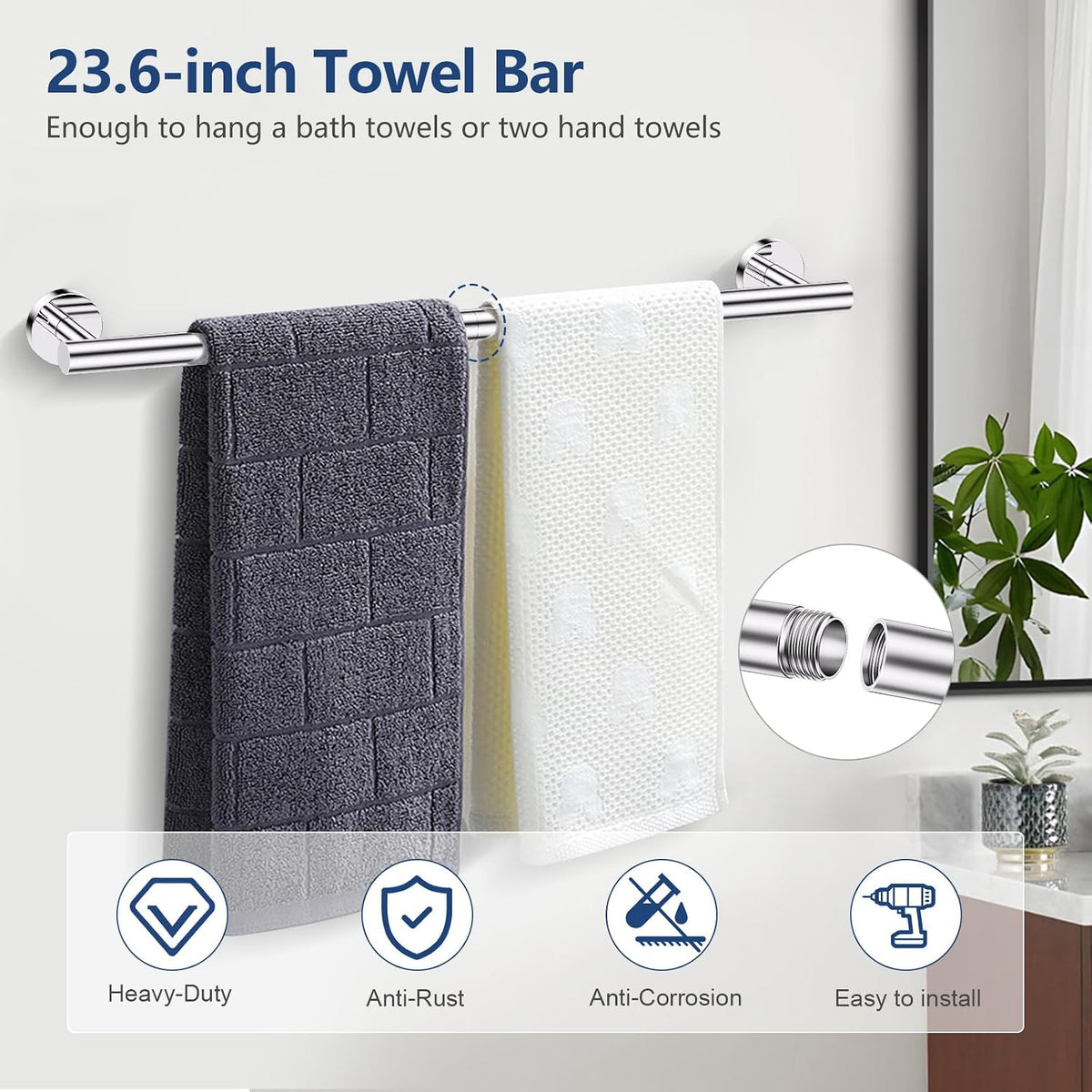 TQKAG 5 Piece Towel Racks for Bathroom, 23.6" Bathroom Hardware Set Chrome | Bathroom Hardware Set, SUS304 Stainless