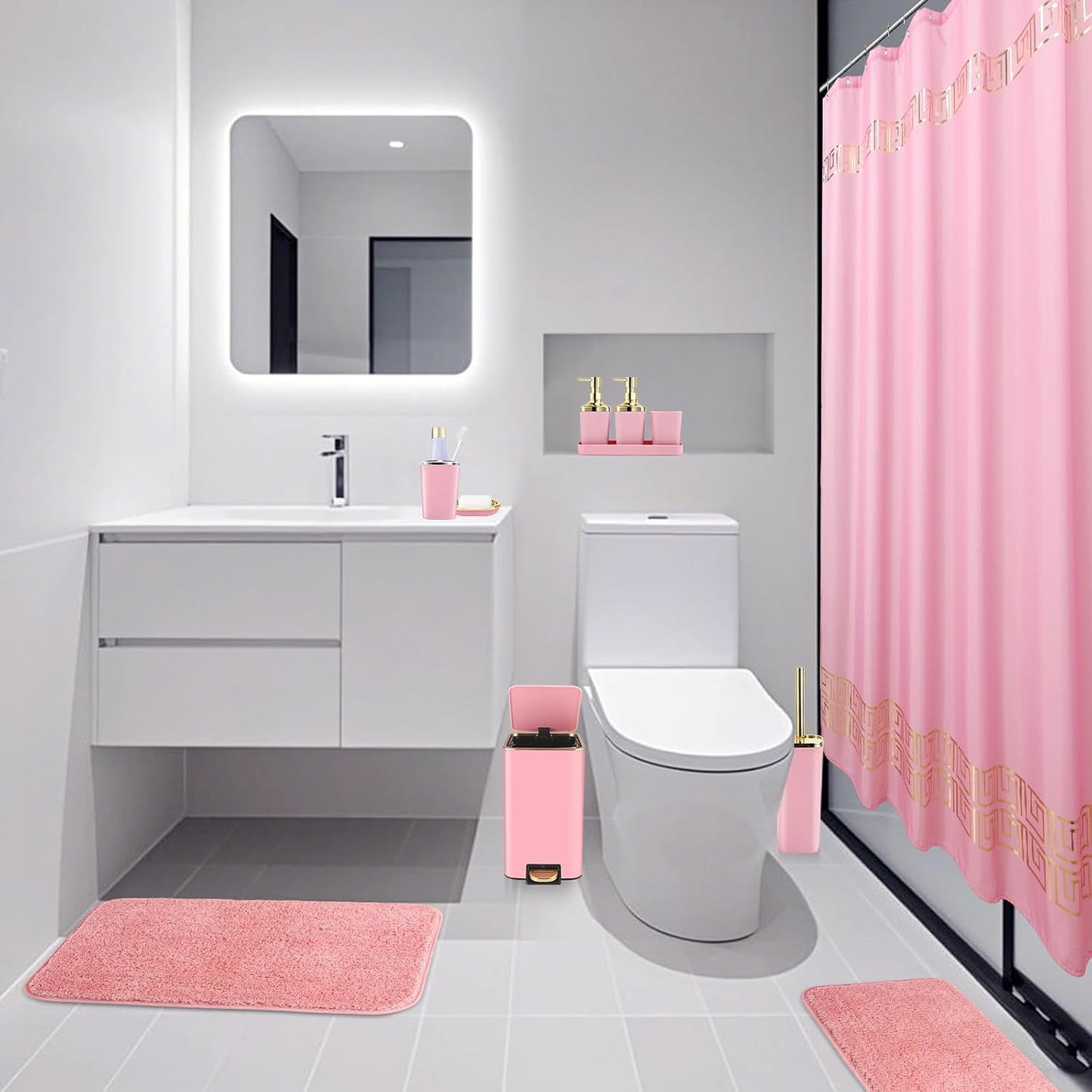 XLHOMO Bathroom Sets with Shower Curtain and Rugs Bathroom Accessories Set Pink Bathroom Set,Shower Curtain Set with