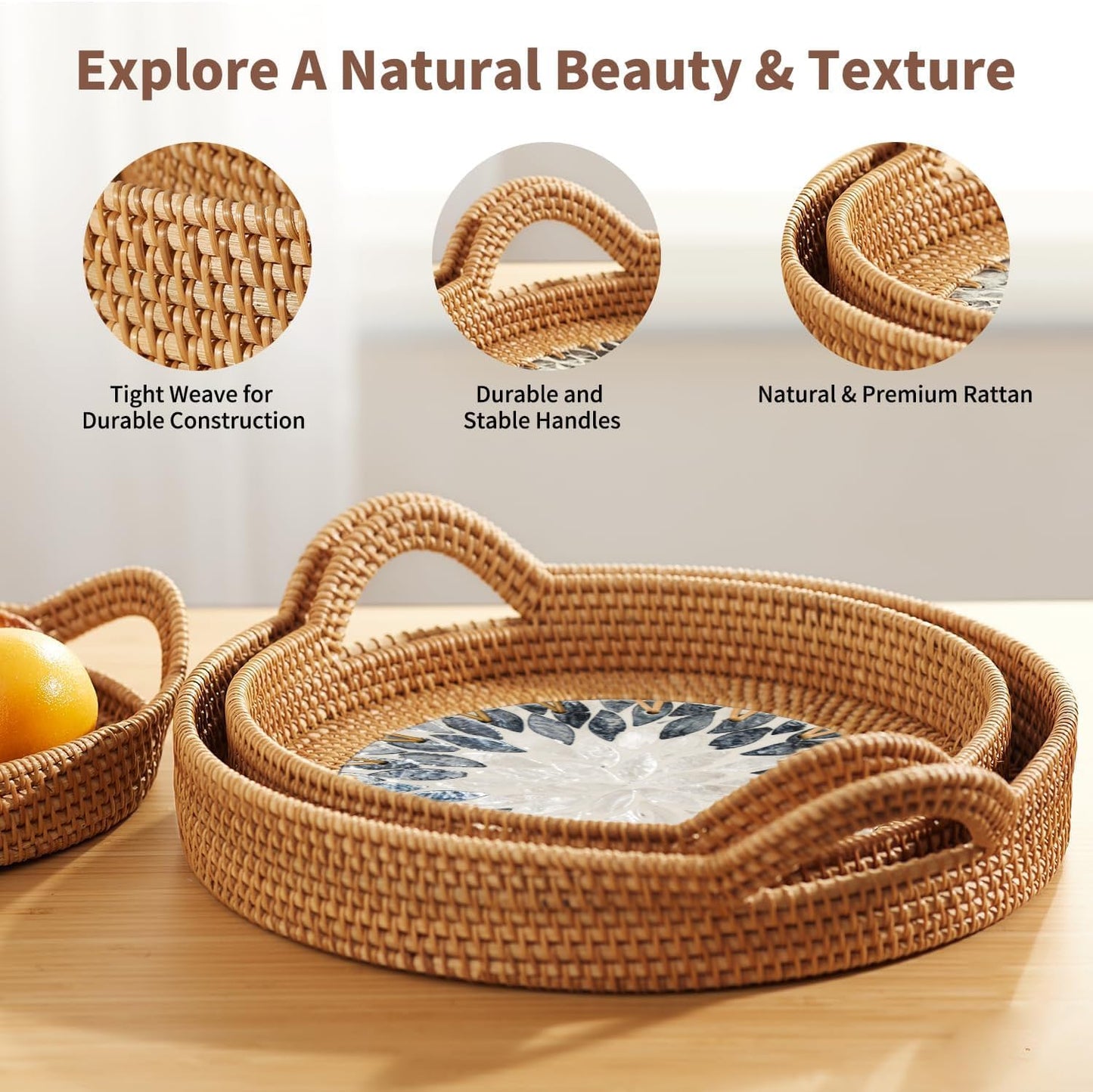Round Rattan Tray Set