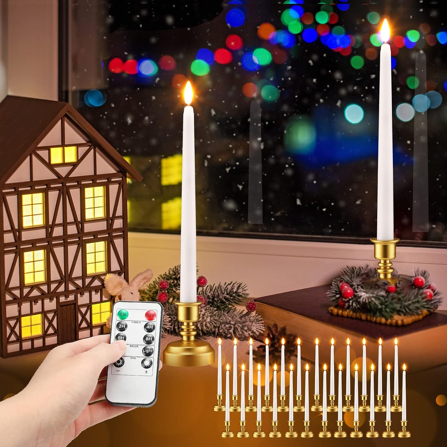 Fumete 24 Pack Flameless Taper Candles with Remote Timer, 3D Flame,White | Realistic Flickering Effect, Golden Base