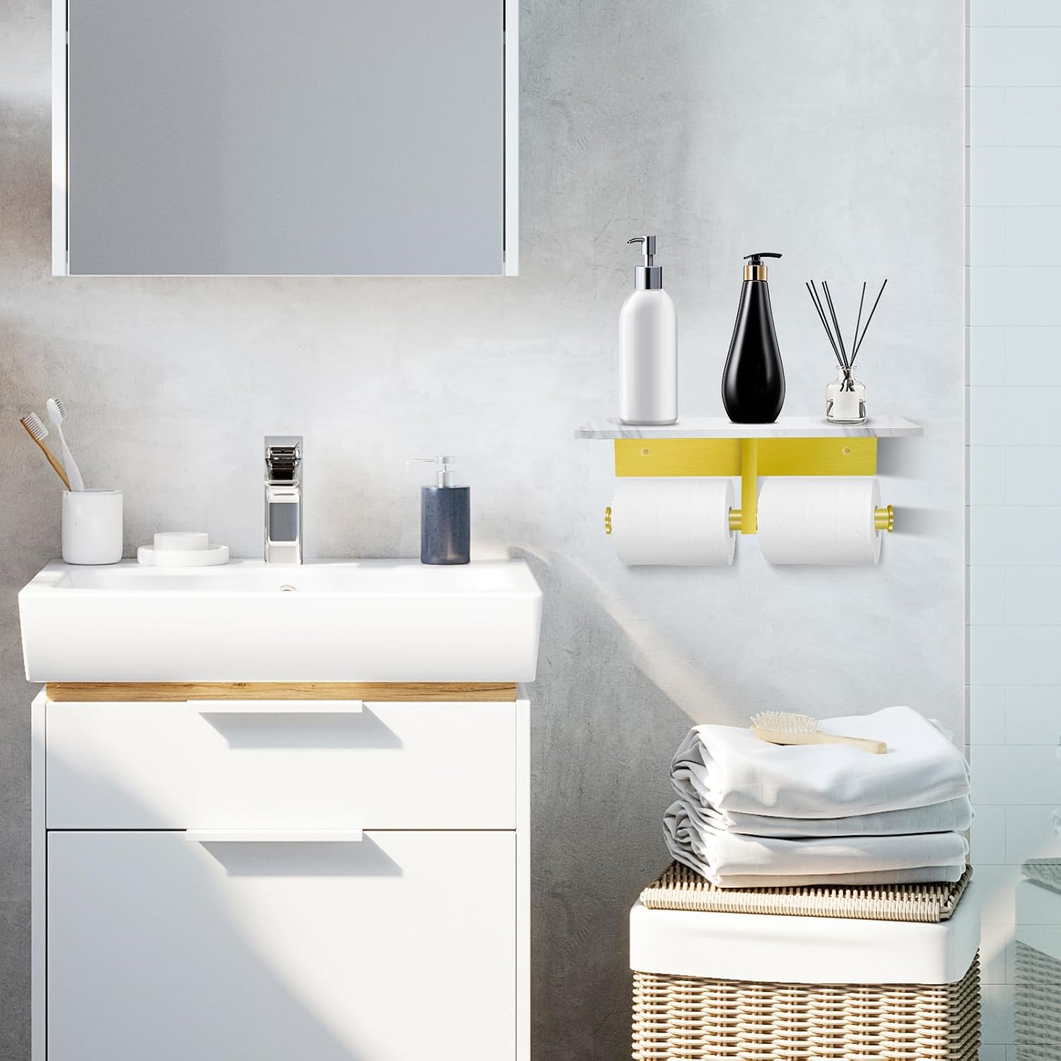 Toilet Paper Holder with Shelf, Double Toilet Paper Holder Wall Mount and 2PCS Free Adhesive Hooks for Bathroom