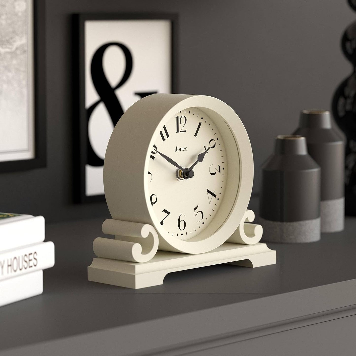 JONES CLOCKS® Saloon Mantel Clock | Small Traditional Double Scroll Design | Pale Cream | Contemporary Classic Style