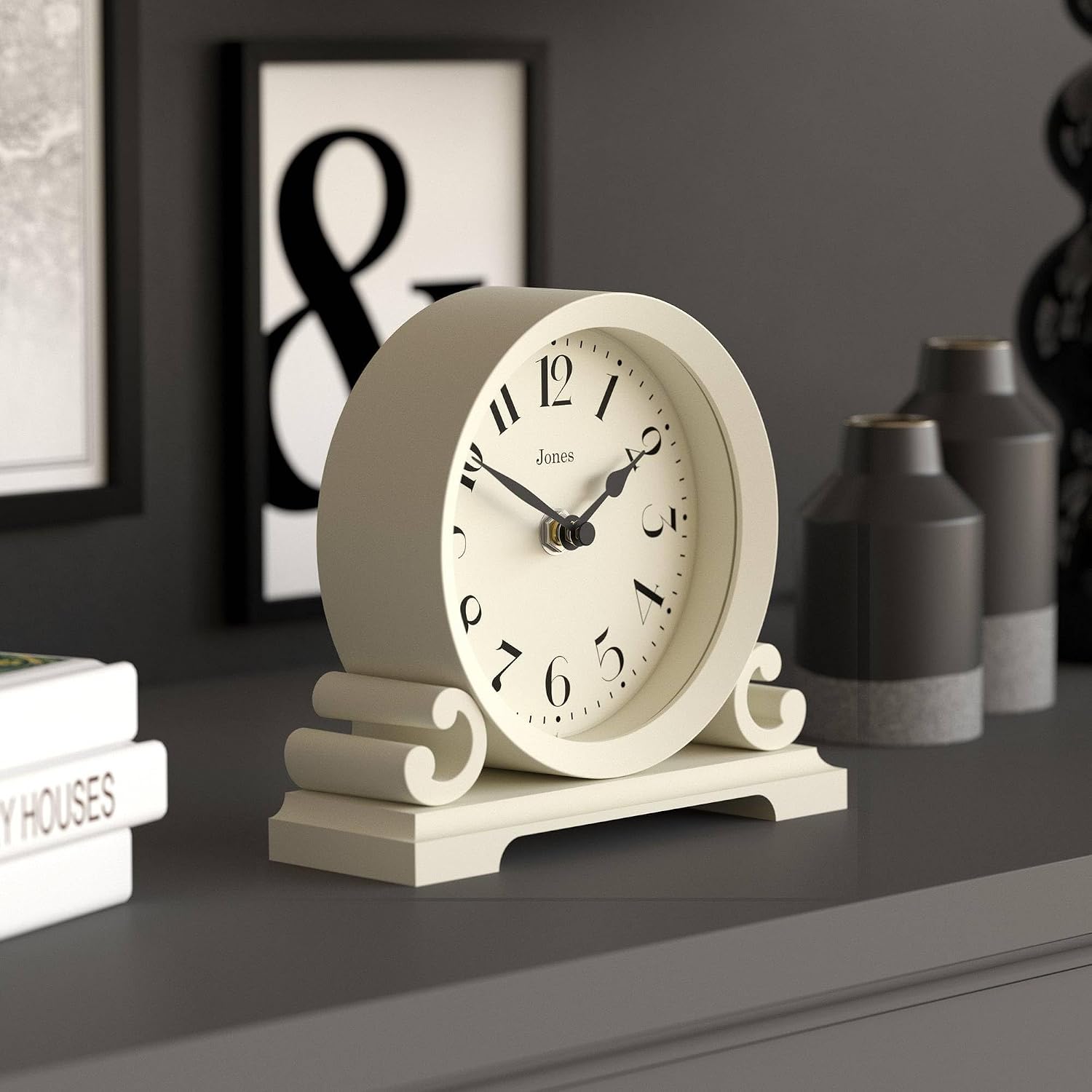 JONES CLOCKS® Saloon Mantel Clock | Small Traditional Double Scroll Design | Pale Cream | Contemporary Classic Style