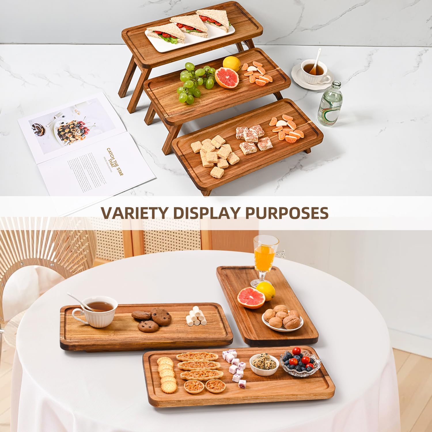 3 Tier Serving Tray Acacia Wooden Tiered Tray Stand Foldable Dessert Table Display / Acacia Brown