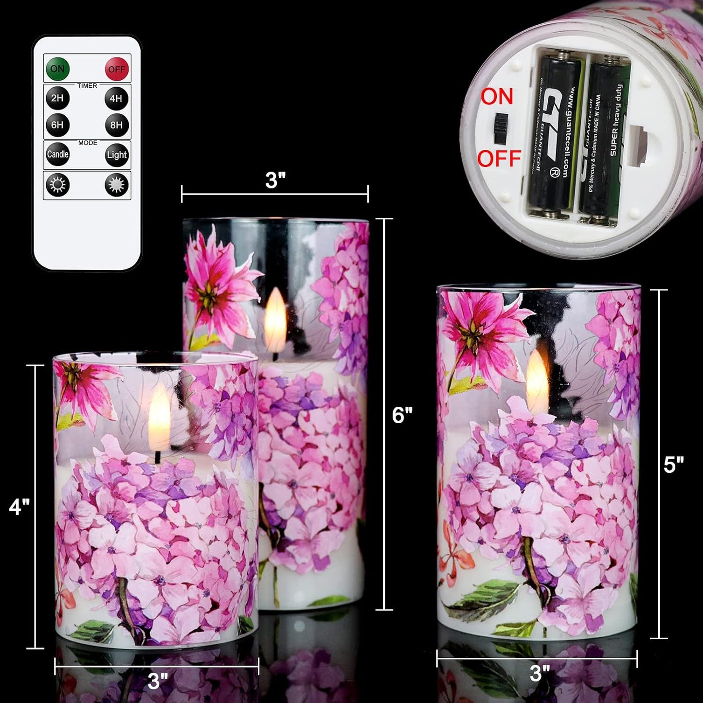 Red Hydrangea Glass Flameless Candles with Remote and Timer | Batttery Operated LED Pillar Candle Flickering, Real Wax