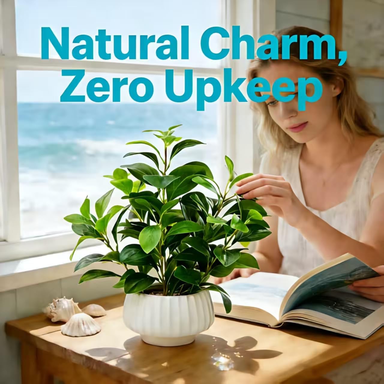 Artificial Peperomia Plants 16.5" Tall Lifelike Faux Greenery in 6" Ribbed Ceramic / Plant-b / White