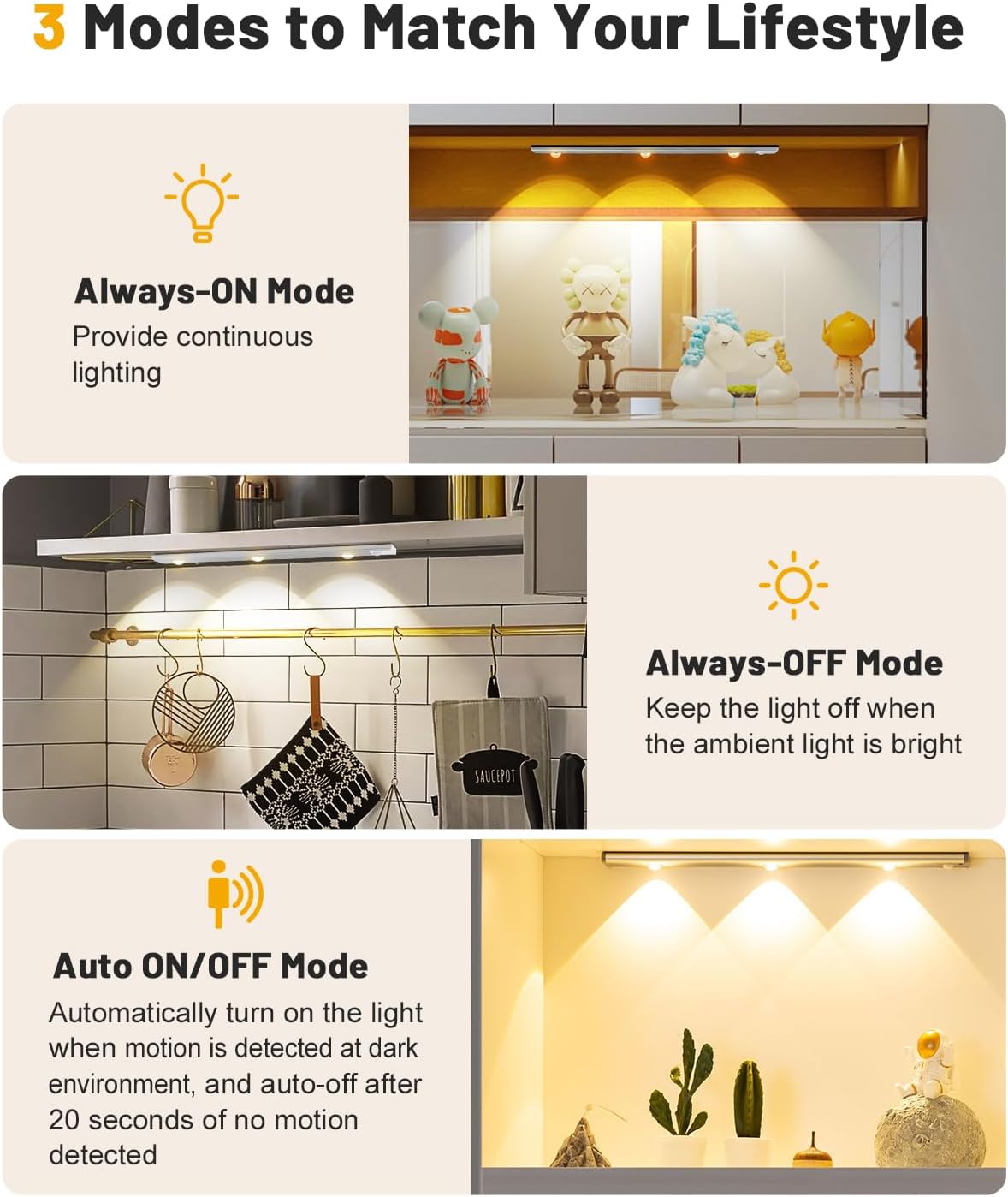 Under Cabinet Light Rechargeable Motion Sensor Dimmable 2 Pack Silver | 3-Color Dimmable Under Counter Lights with