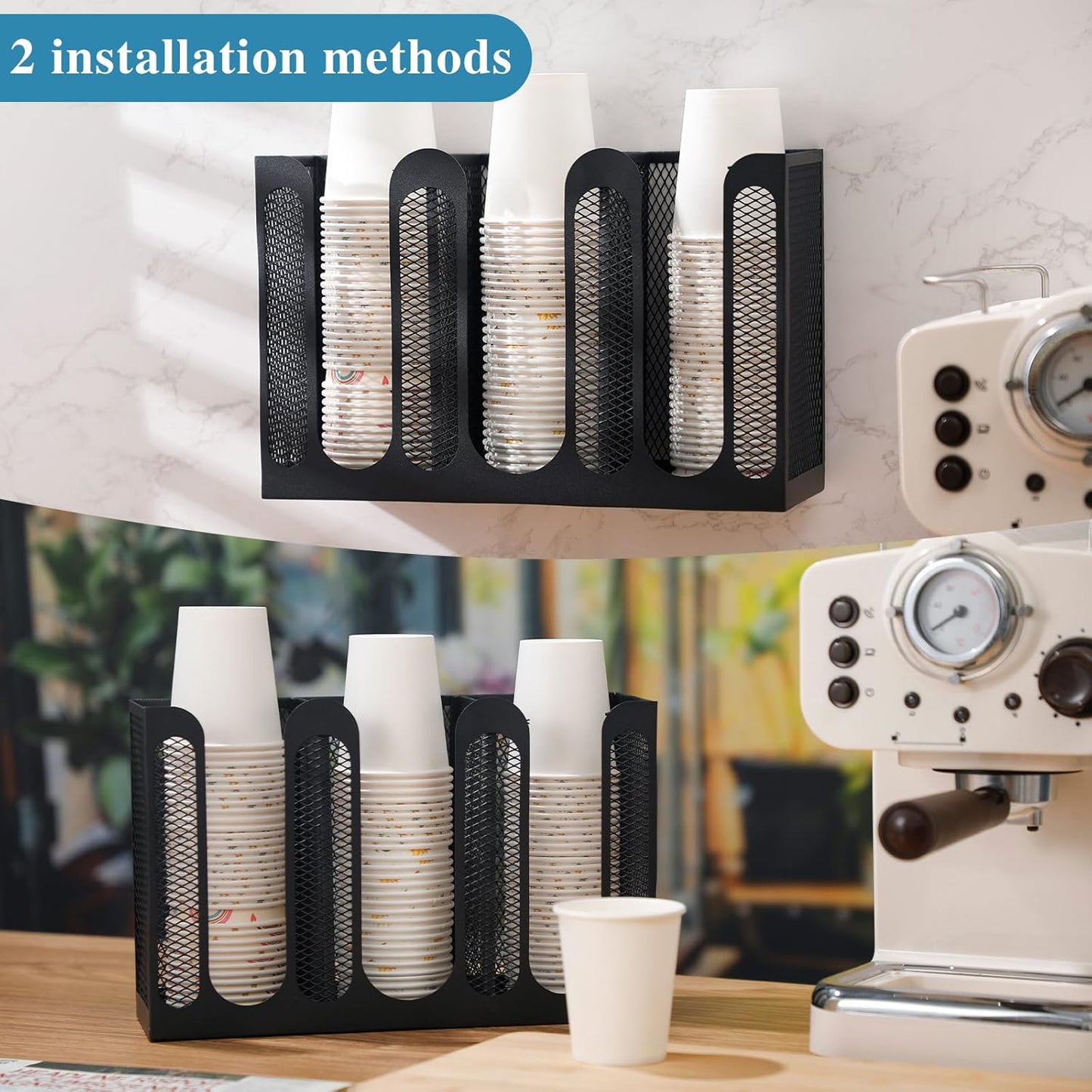 Metal Mesh Cup Lid Holder, 3 Compartments, 12.3 x 4.1 x 7.87 Inch | Metal Mesh Dispenser for Coffee Bar Breakroom, Wall