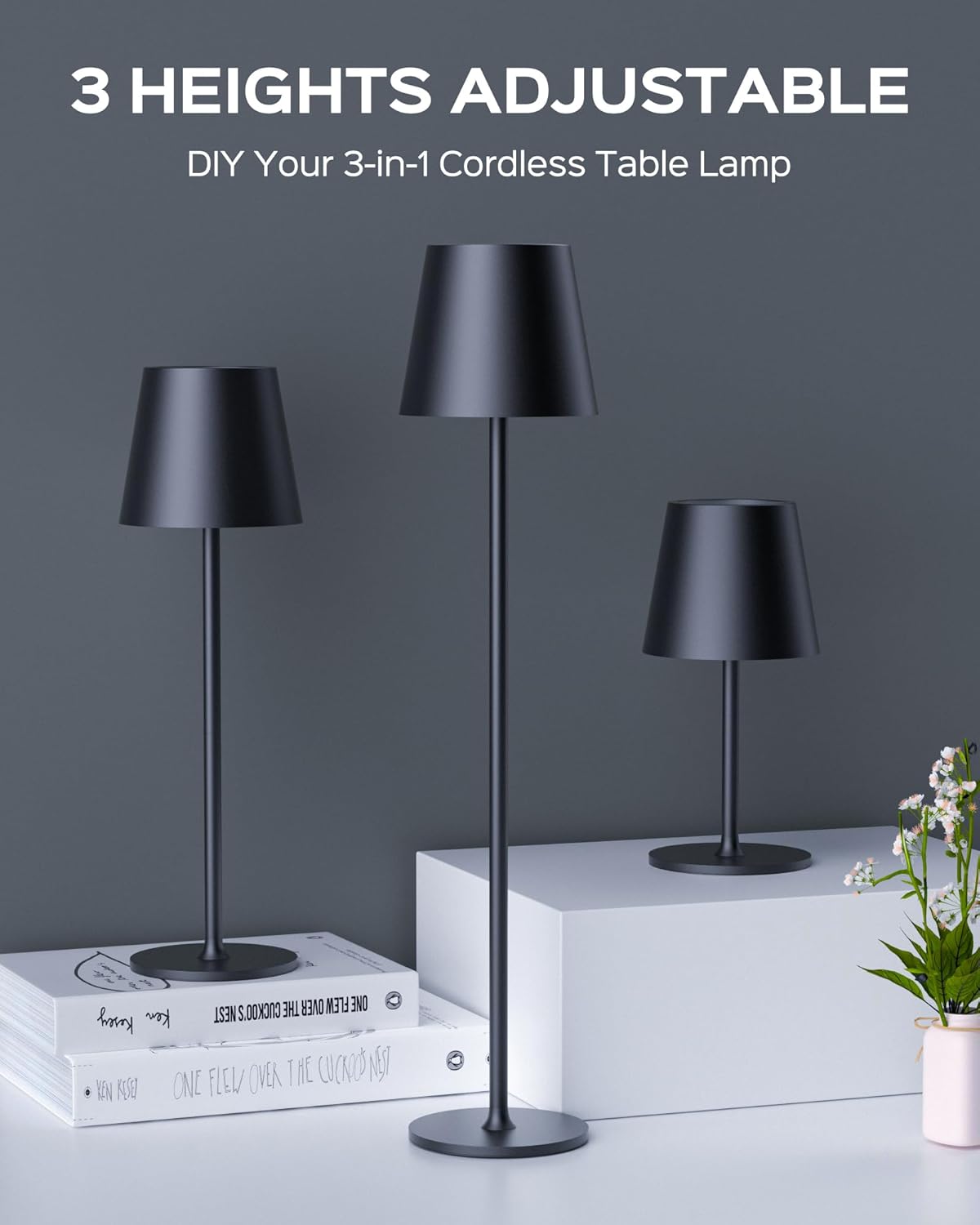 JACKYLED Cordless Table Lamps Rechargeable, 3 Adjustable Height, 5000 Capactiy Operated, 3 Colors Smooth Dimming