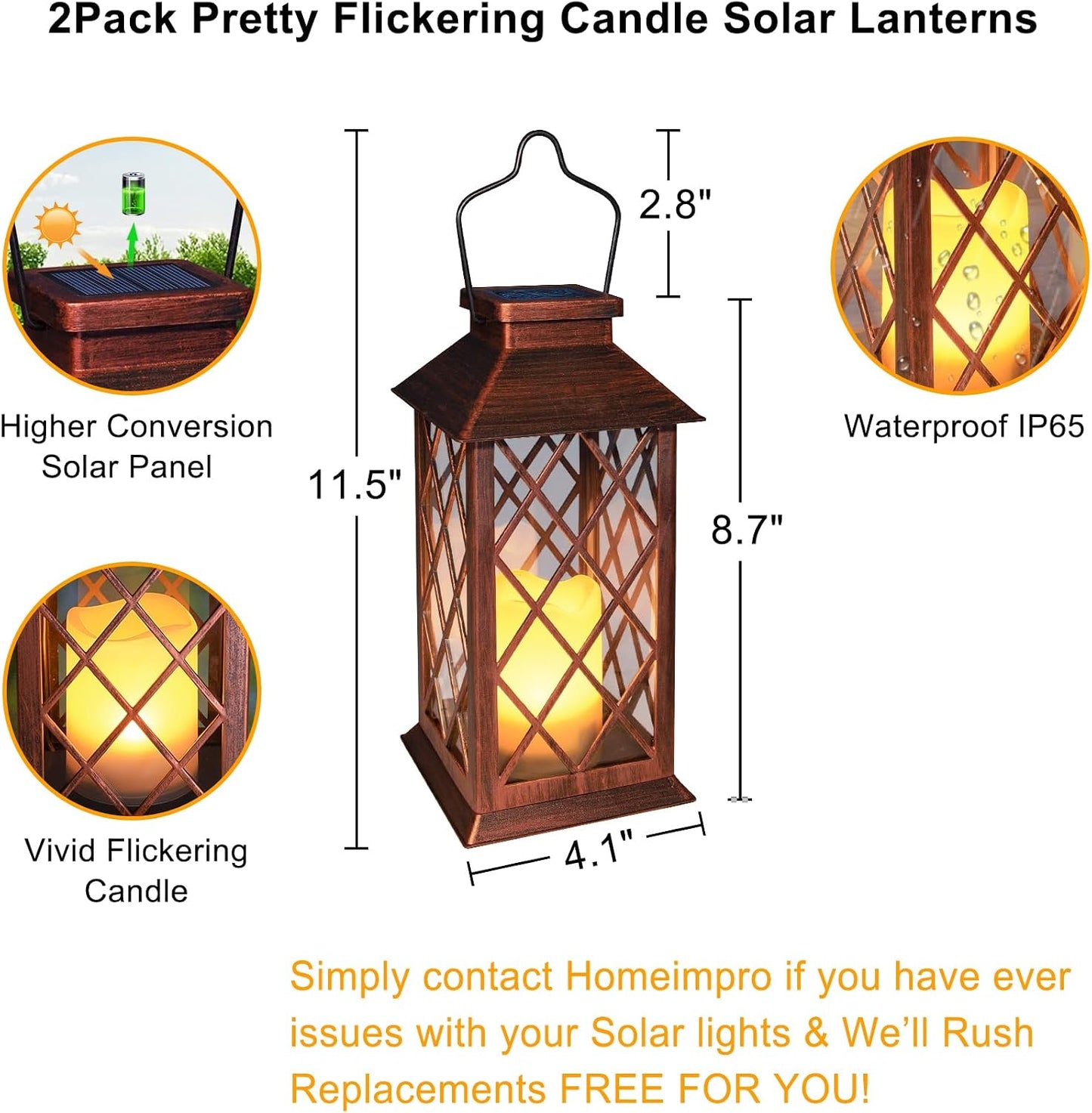 2Pack 10" Solar Outdoor Lanterns Waterproof Garden Gifts Women, Halloween Flickering Flameless Candle Mission Lights