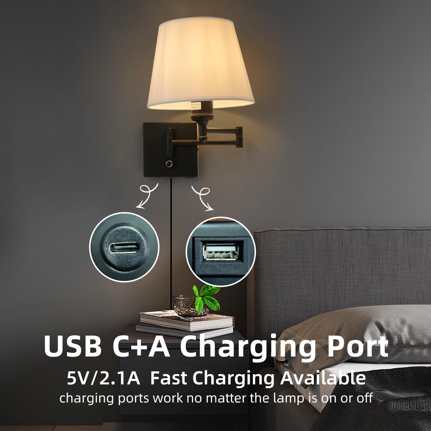 Bedside Wall Mount Light with Dimmable Switch and USB C+A Charging Port, Swing Arm Fabric Shade Wall Sconce Light with