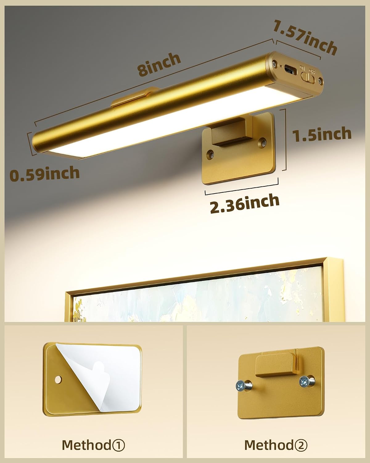 EZVALO Picture Light for Wall, Rechargeable 2400mAh Gold Lights Wireless with IR Remote, 3 Color & Dimmable Magnetic