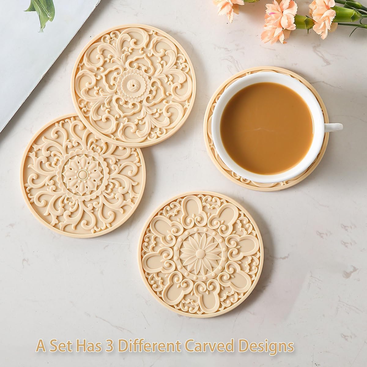 Holder / Non-Slip Cup Mats for Hot and Cold Drinks / Beige / Set of 6