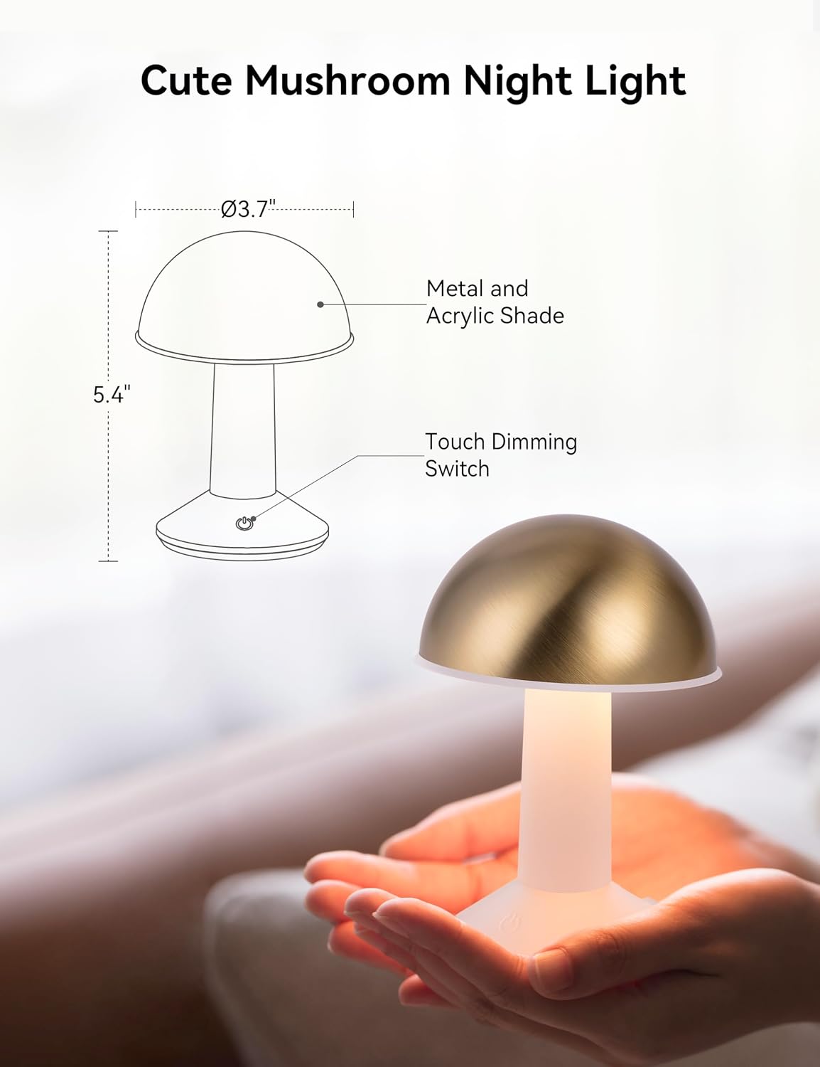 Tubicen 2 Pack Rotatable Mushroom Table Lamp Gold Cordless Bedside Lamp | 4-Level Dimmable Battery Rechargeable Small