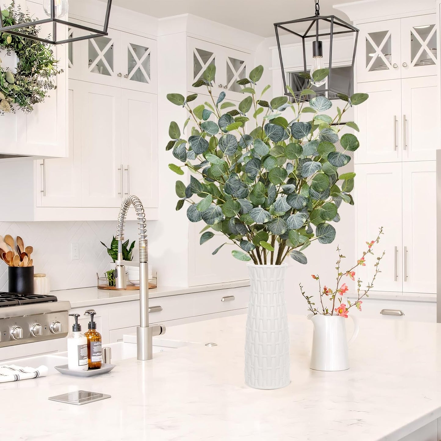 25" Tall Faux Greenery Stems Fake Branches for Vase Filler Home / Light Green / 12P / Set of 12