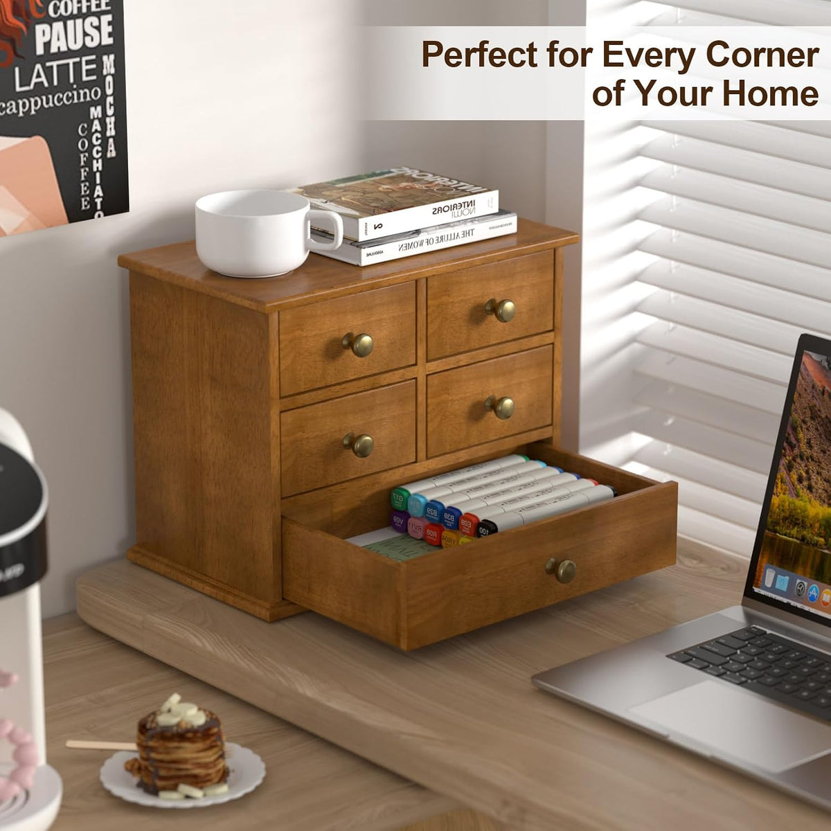 Oak Desk Organizer with Drawers, Durable Wooden Desktop Storage Box | 5 Drawer Tabletop Organizer with Metal Handles &