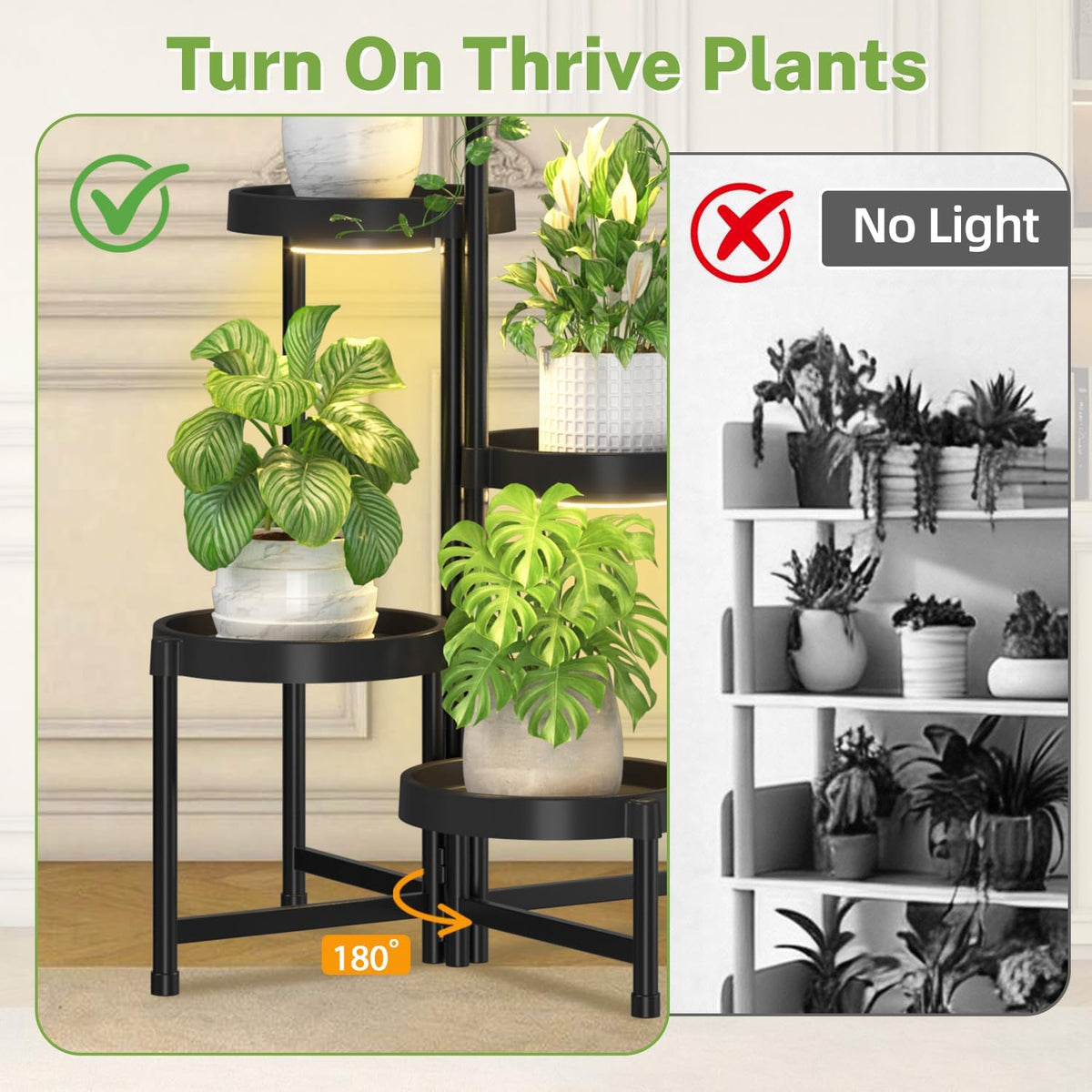 iDavosic.ly 5 Tier Folding Plastic Plant Stand Indoor, Grow Light, Black | Space Saving Tiered Corner Storage Display