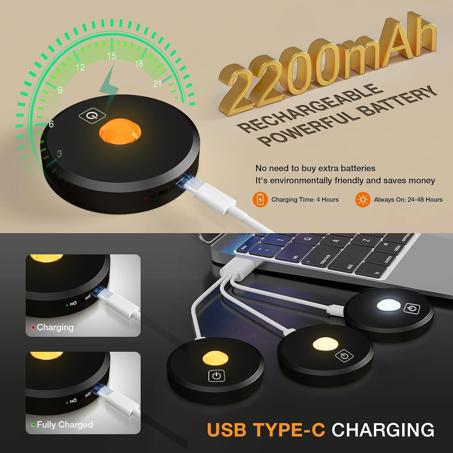 Puck Lights with Remote Control,Under Cabinet Lighting,black,5PCS | 2200mAh Rechargeable Push Light,3 Color