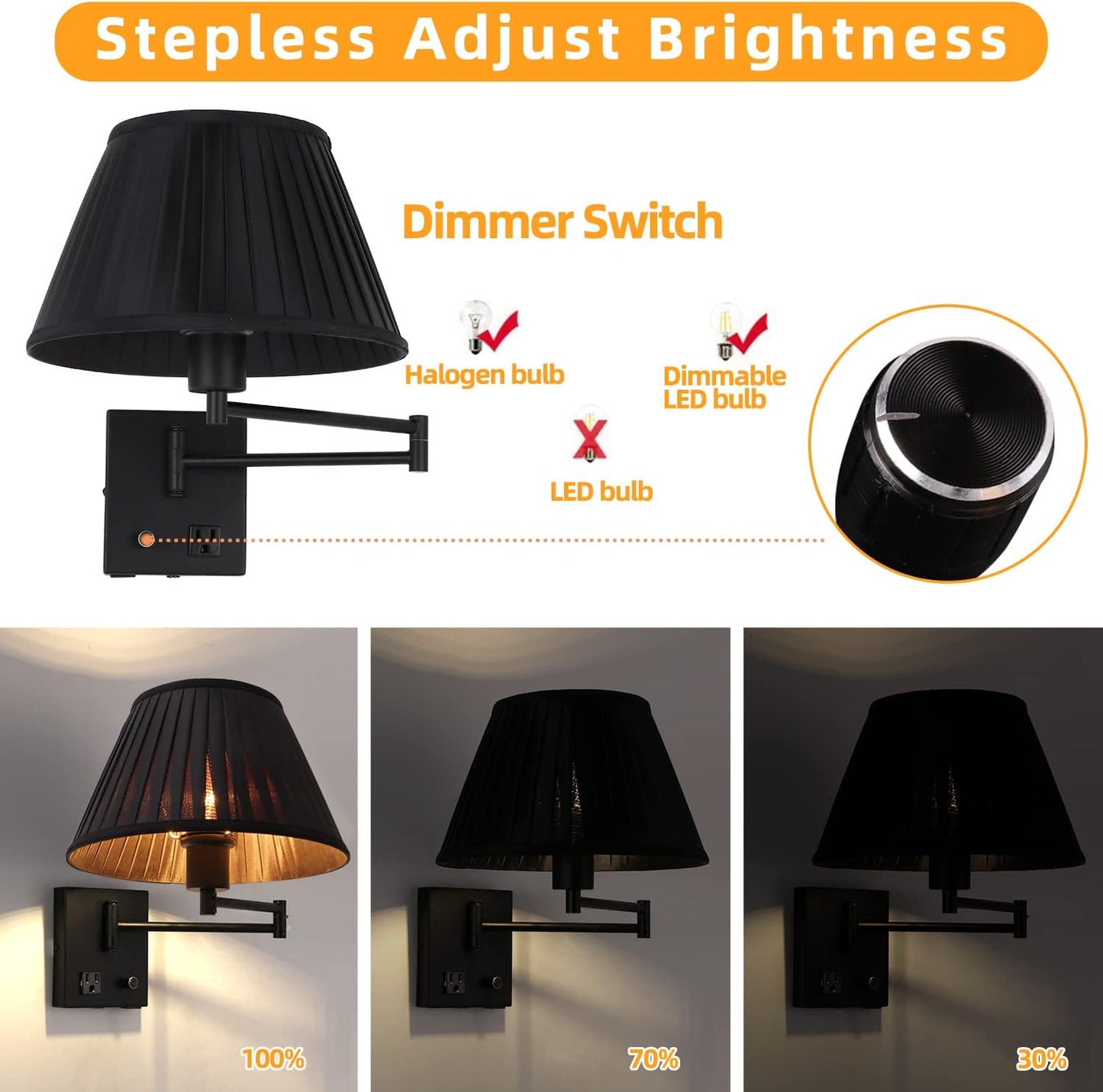 17" Swing Arm Wall Lamp USB & AC Outlet, Dimmable, Black | Adjustable Swing Arm Rotary dimmer sets Plug-in bedside