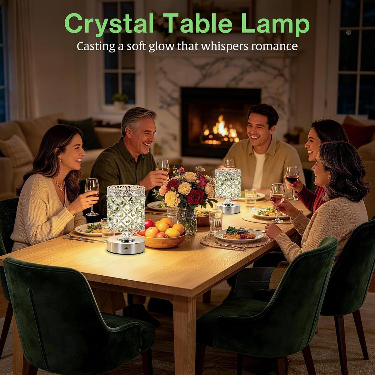 Green Small Crystal Rechargeable Cordless Table Lamps Set of 2 | 6000mAh Battery, 3 Color Temps, Stepless Dimming