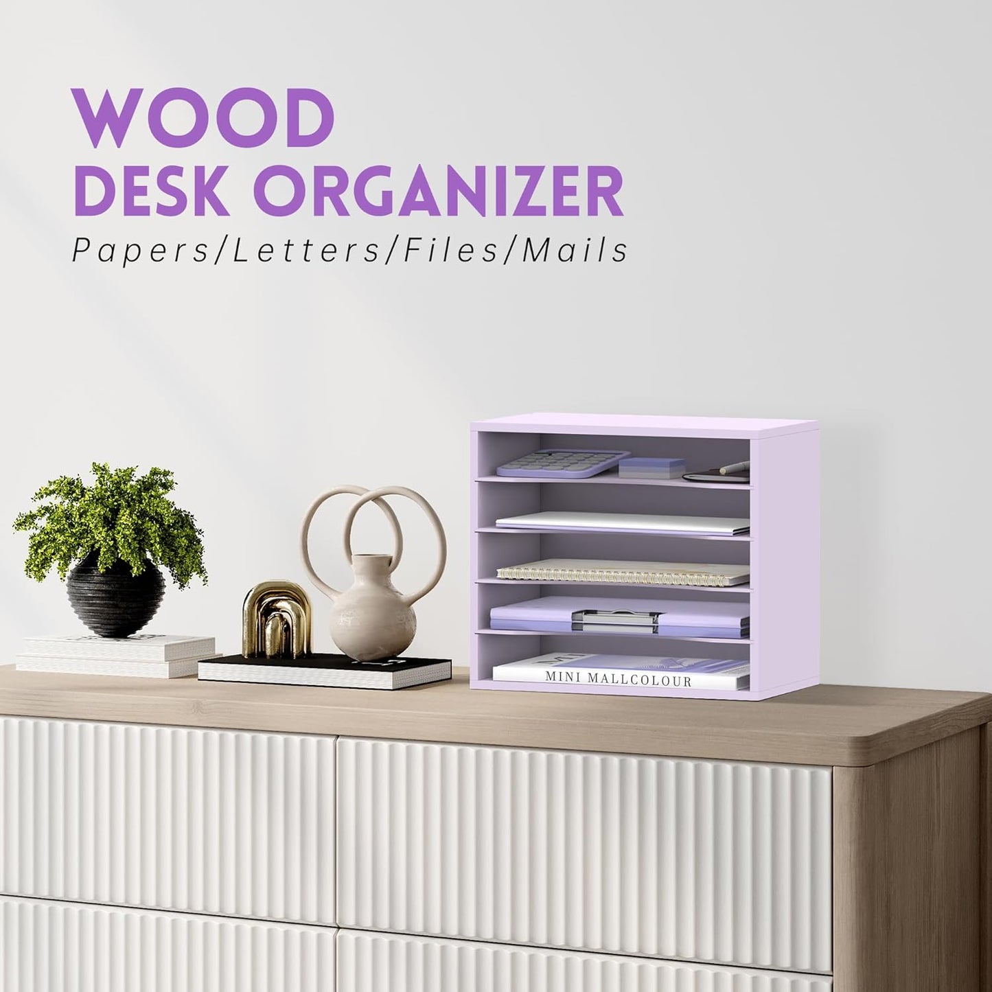 5 Tier Wood Desk Organizer, Paper Organizer for Desk, Purple | Wooden Desktop Organizer for Sorting Papers, Letters and