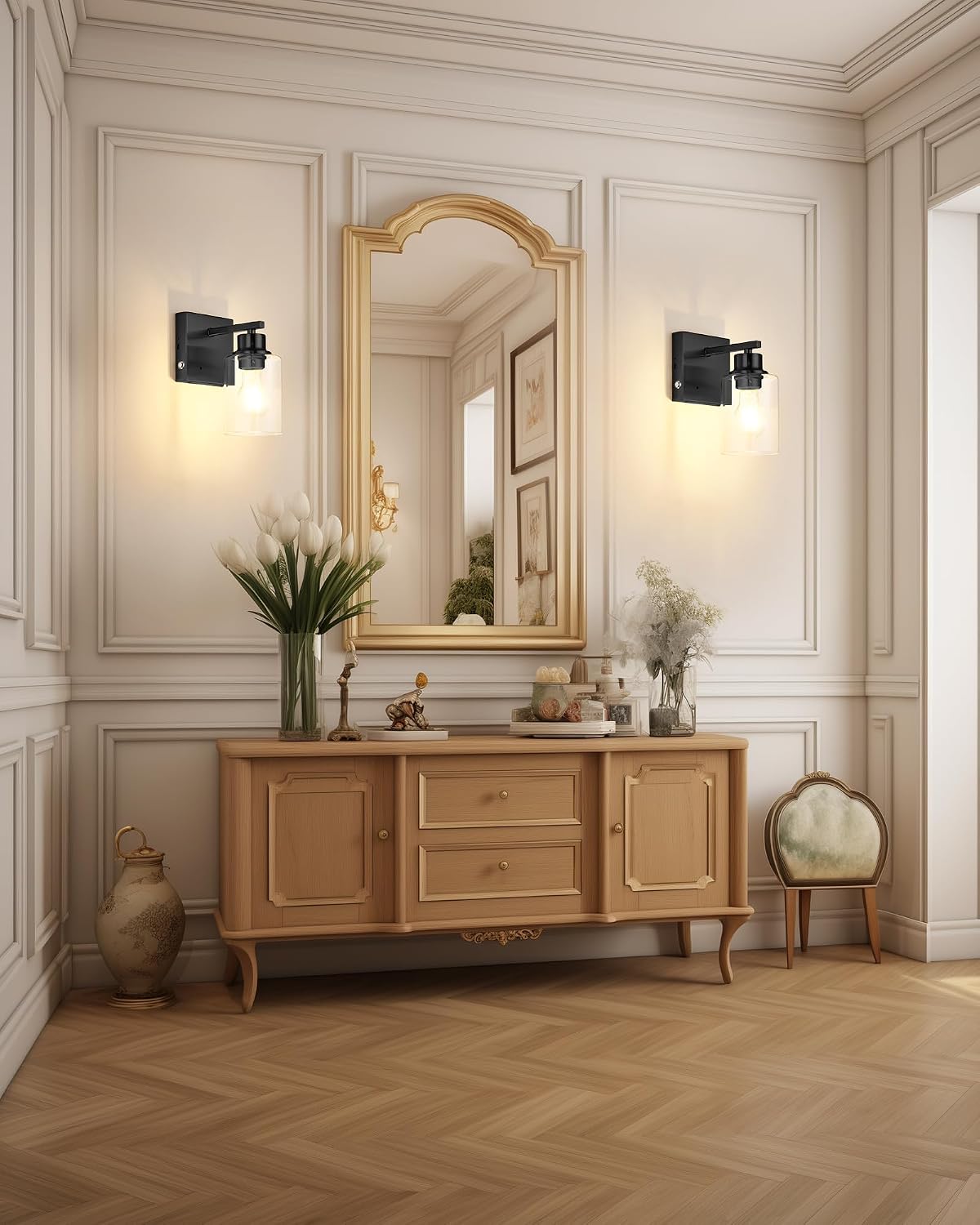 Wireless Battery Operated Wall Sconce Set of Two with Remote Control | Black Dimmable Rechargeable Wall Lights with