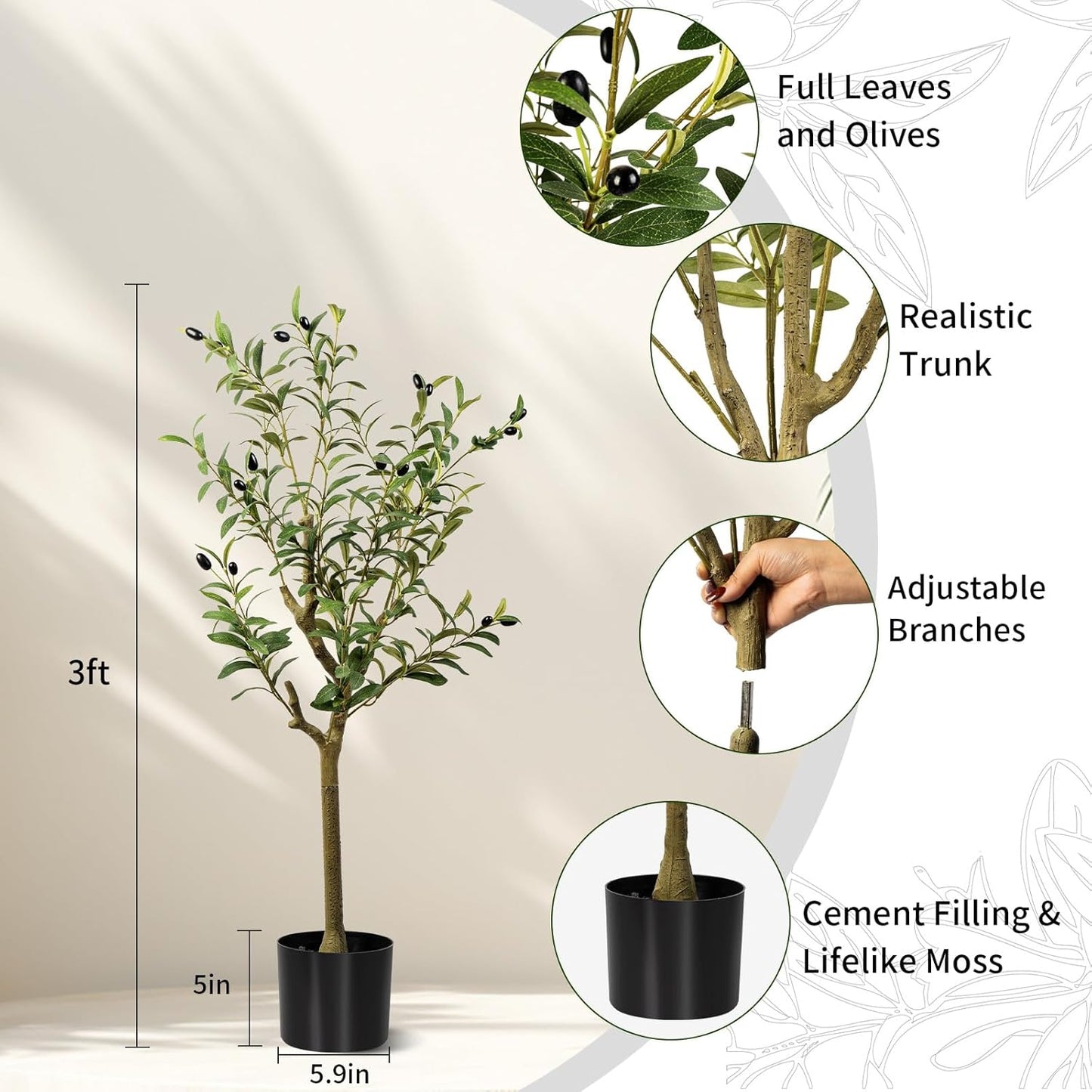 Indoor Faux Fake Potted Silk Plants / Olive Tree / 3ft / 3 Inch