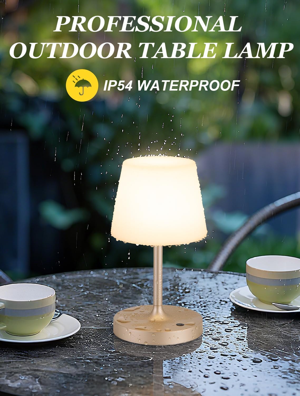Kakanuo Champagne Gold Shower Lamp Waterproof, Rechargeable Cordless Lamp with 4000mAh Battery, Touch Dimmable Table