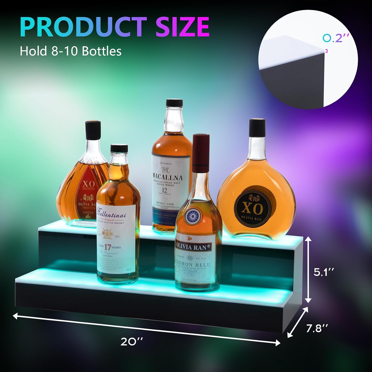 Led Lighted Liquor Bottle Display Shelf, 20 Inch 2 Tier Whiskey Rack, Support USB, Bar Stand with RF Remote & App