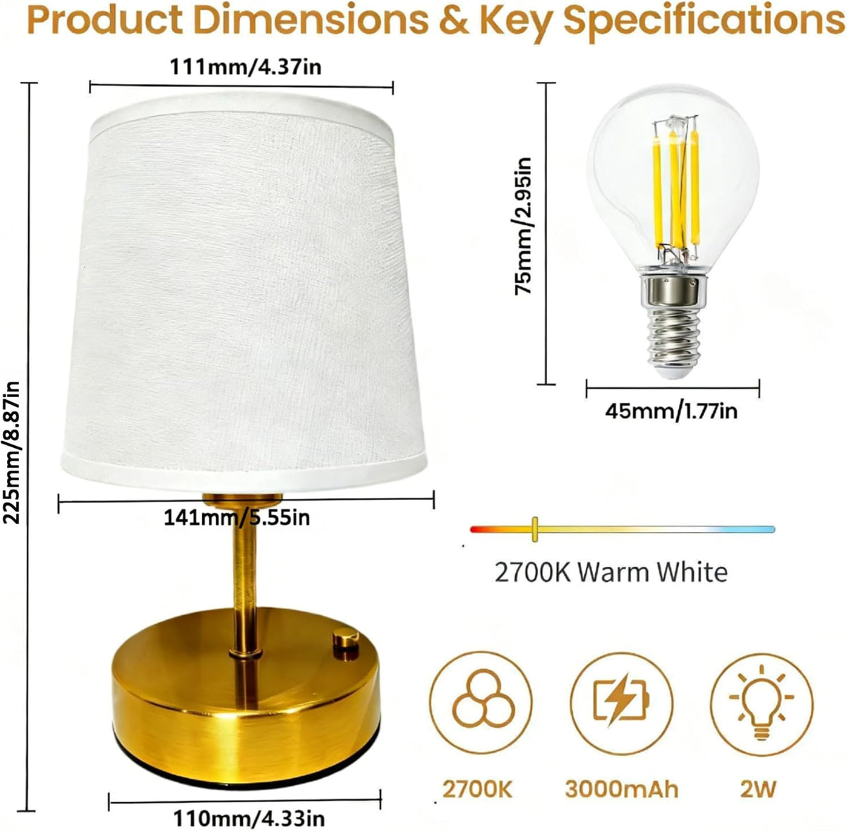 Gold Portable Cordless Table Lamp, Rechargeable Bedside Lamp, Mini | 3000mAh battery, touch stepless dimming, 2700K