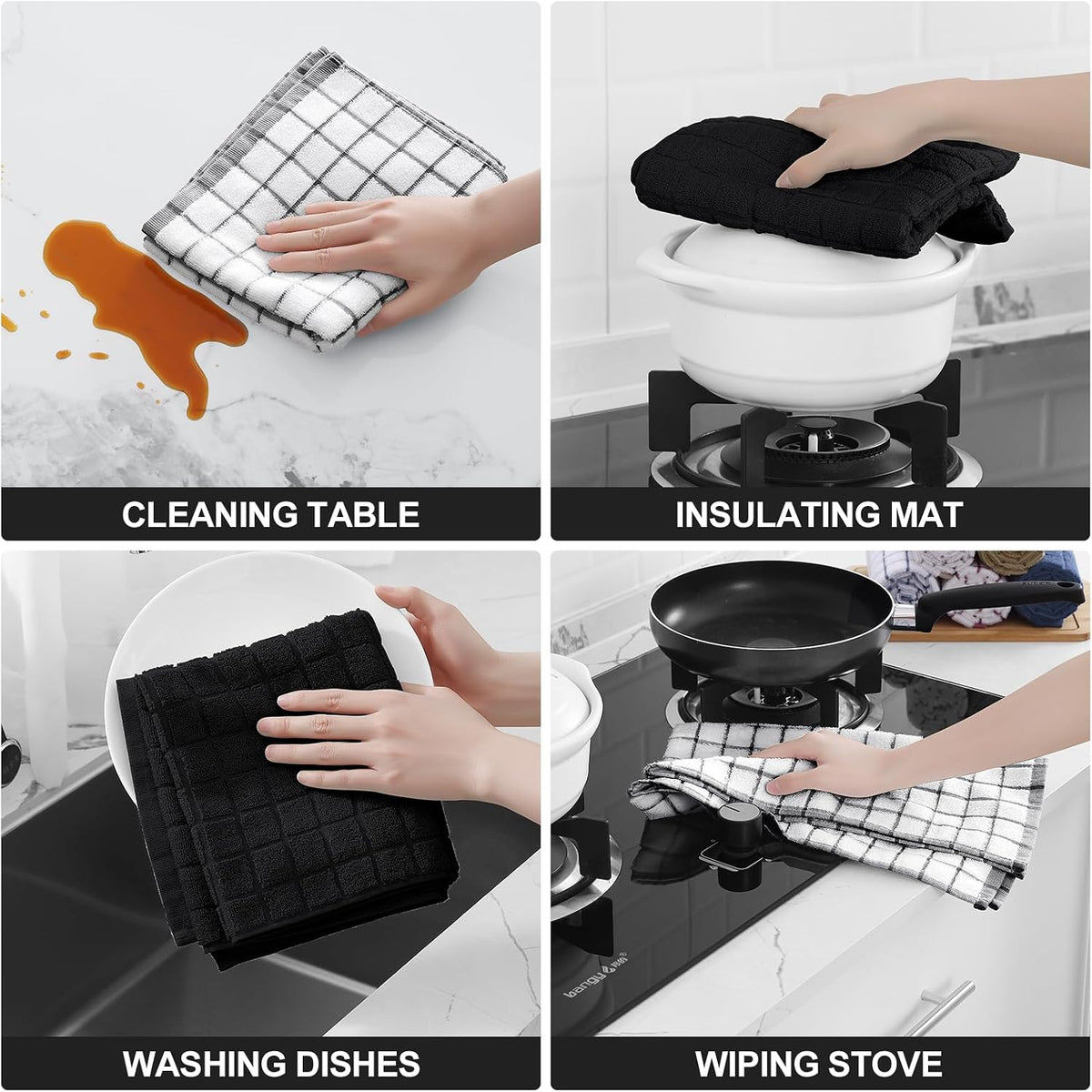 Homaxy Large Premium Cotton Kitchen Towels 16"x 28", 12 Pack, Black | Natural Ring Spun 390 GSM Dish Towels, Super