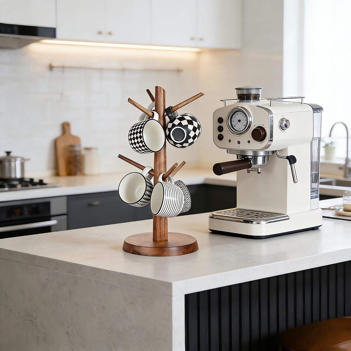Coffee Mug Tree 6-Hook,Acacia Wood Mug Holder Countertop | Mugs Stand for Tea & Coffee Cups, Kitchen Countertop &