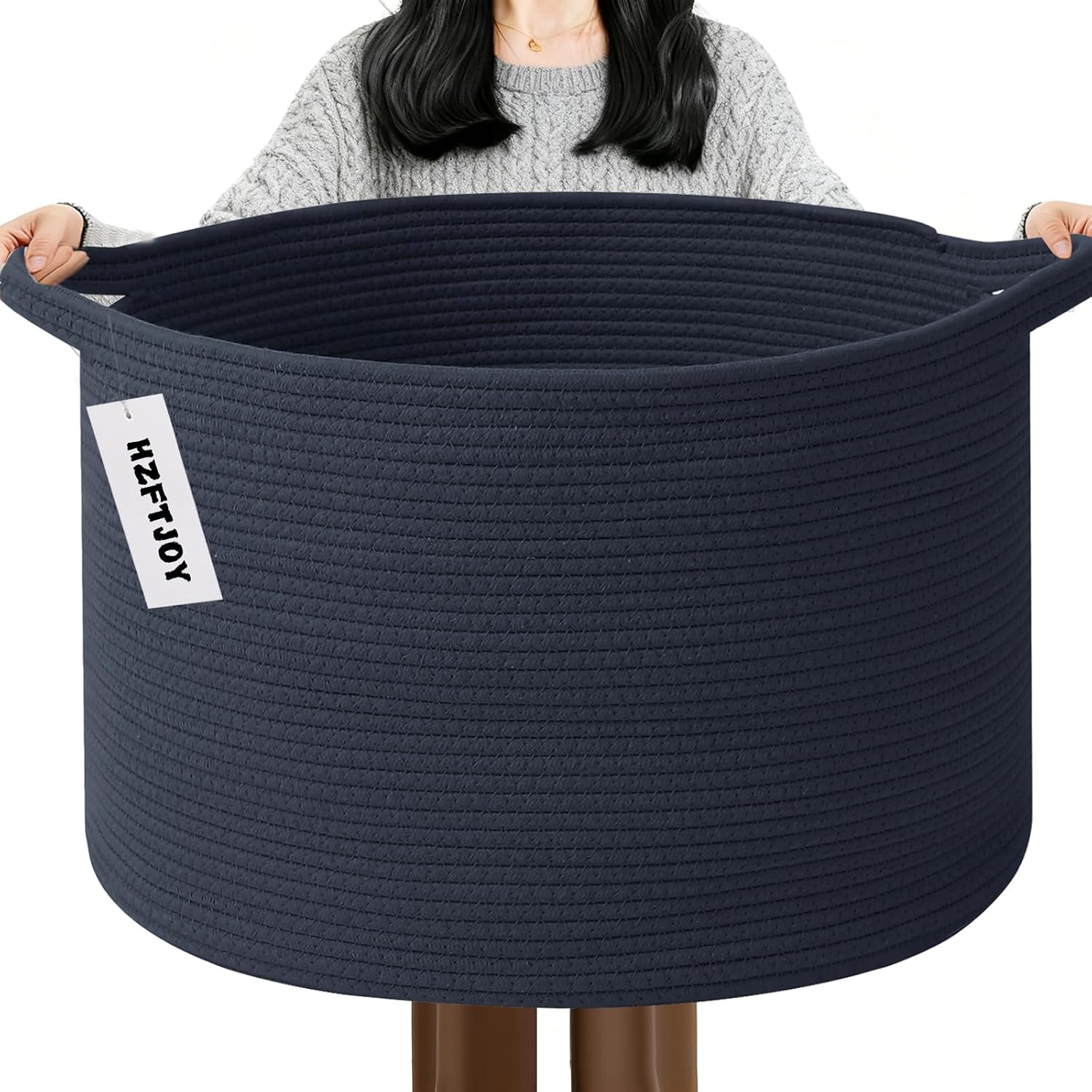 115L Extra Large Woven Cotton Rope Laundry Basket-Navy Blue