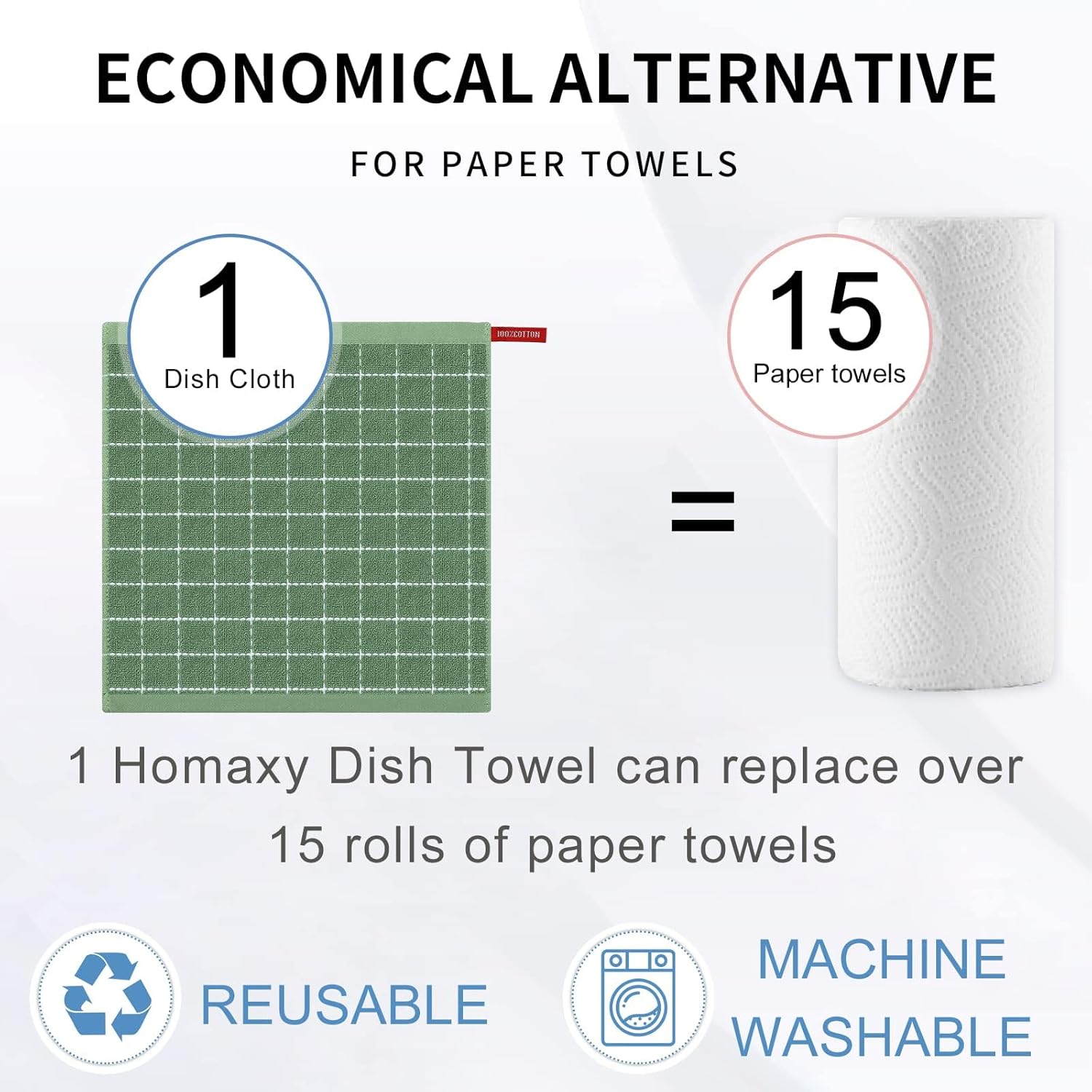 Homaxy 100% Cotton Terry Kitchen Dish Cloths, 12 Pack, Grass Green | Ultra Soft and Absorbent Dish Towels for Kitchen