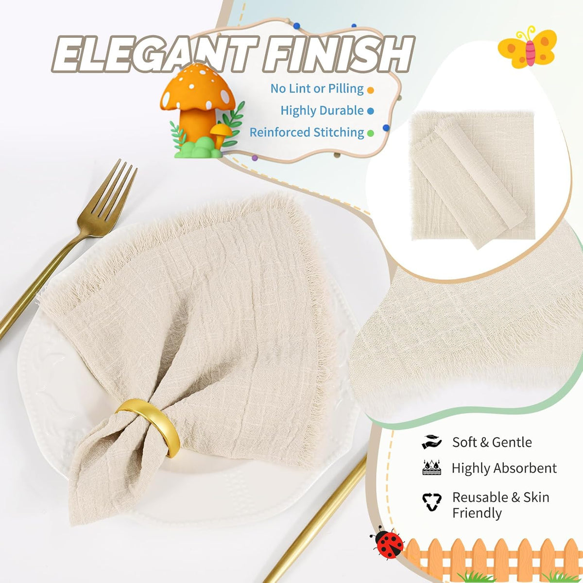 Showgeous 30 Pack Natural Cloth Napkins with Fringe, 16x16 inch 100% Cotton | Cloth Napkins Handmade Dinner Napkins
