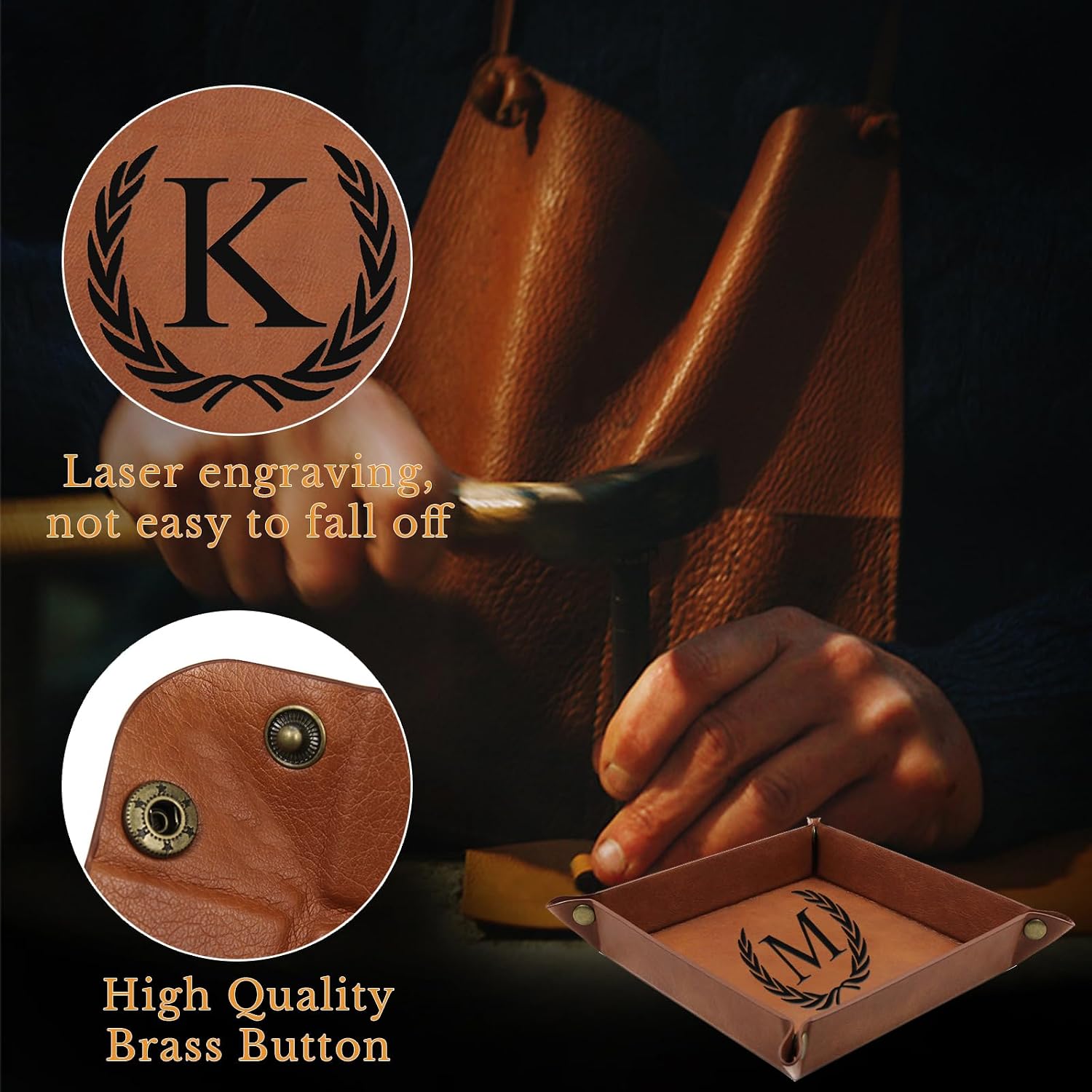 Personalized Leather Valet Tray Engraved Initials Key Tray Nightstand Organizer Valentines Day / M