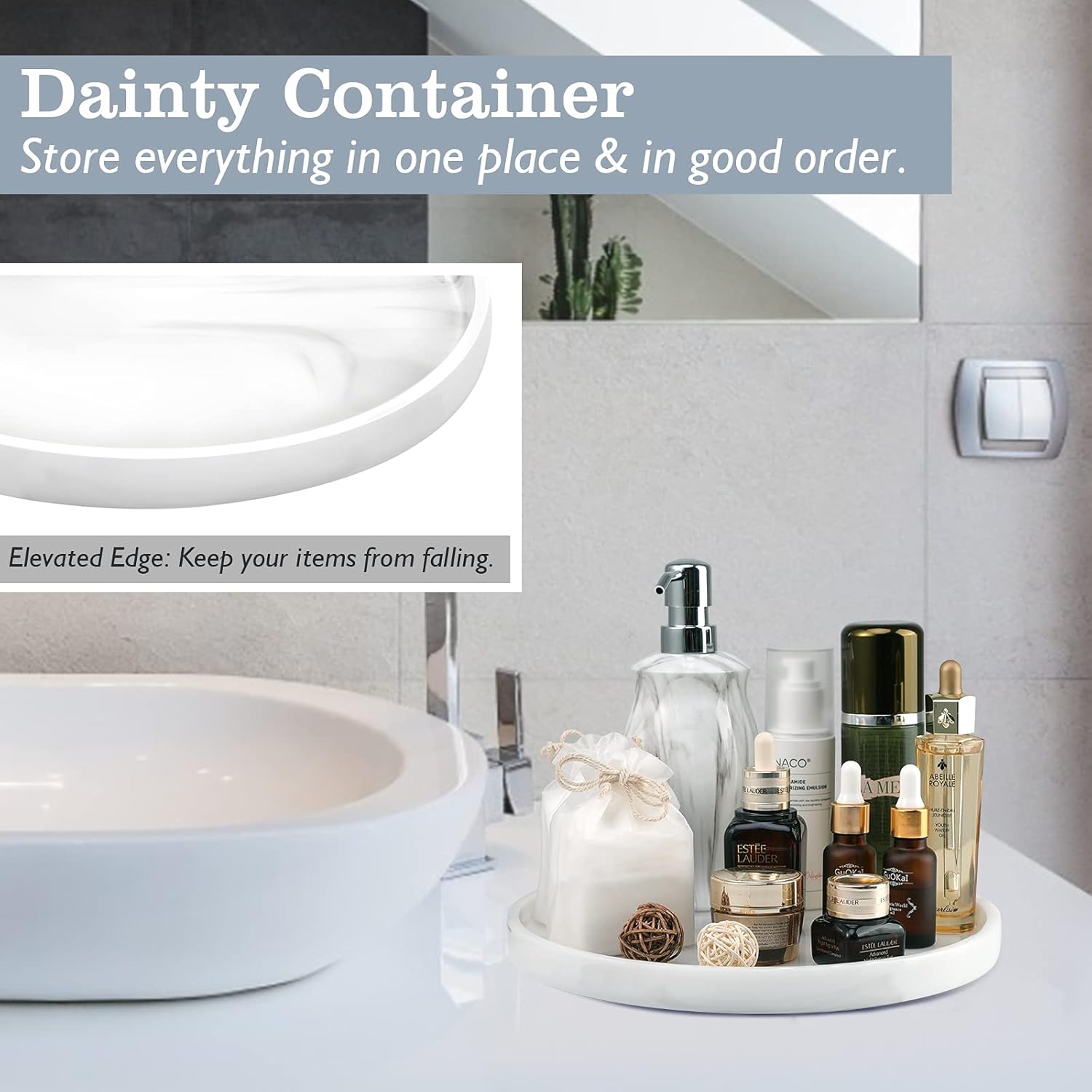Vanity Tray / Resin Round Tray Decorative Storage Organizer / Round Marble White