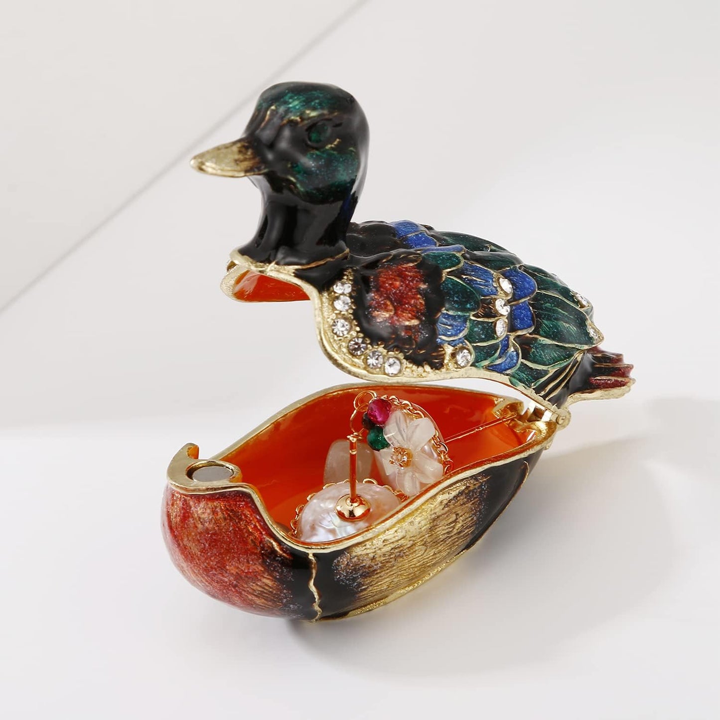 Unique Figurine / Hinged Jewelry Organizer for Ring Earrings / Green Duck