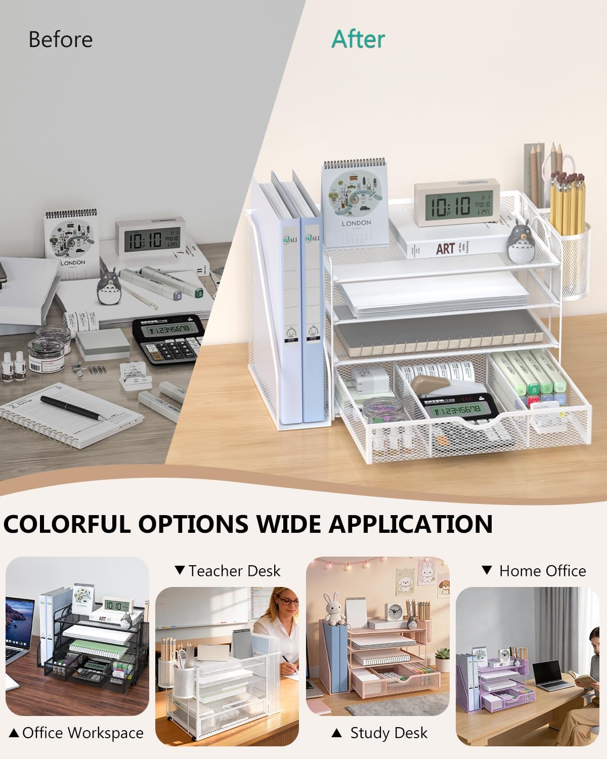 WALI Desk File Organizer, 4 Tier Desktop Paper Letter Tray Organizer with Drawer and 2 Pen Holders, Office Desk