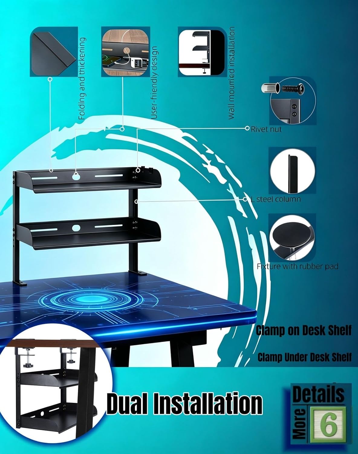Yuxh Desk Clamp Shelf 16 Inch, Black | Space-saving, clip on or under shelf for panel tabletop, office, easy drill-free