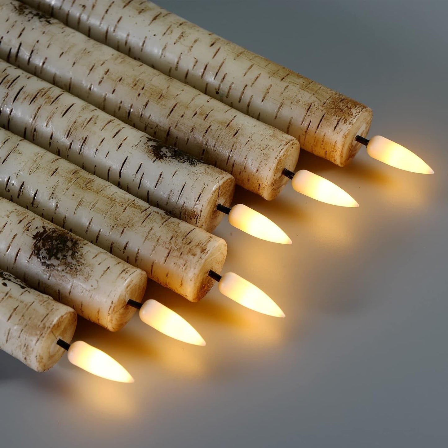 Short Birch Bark Flameless Taper Candles with Remote Set of 6 | Flickering Wood LED Candlesticks, Real Wax Coating, 2