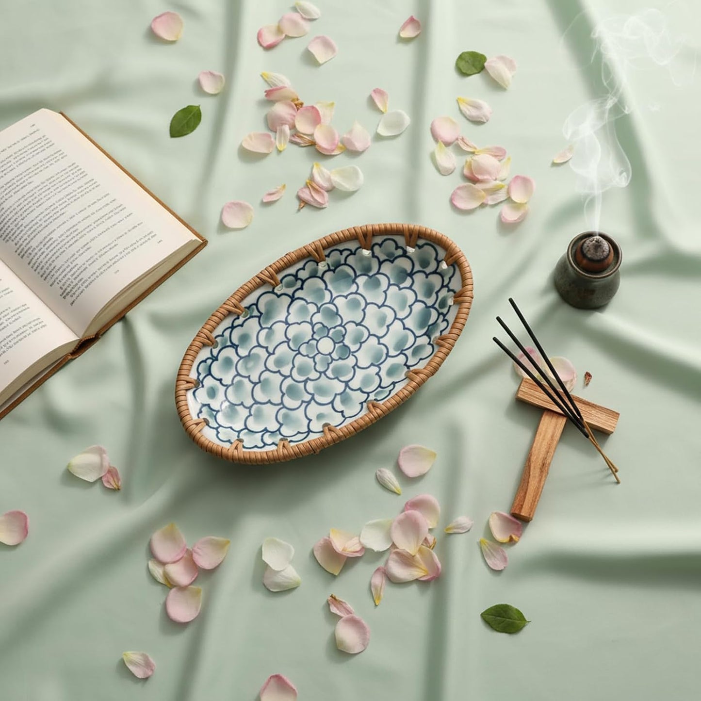 Mini Rattan Ceramic Tray / Light Green Cloud