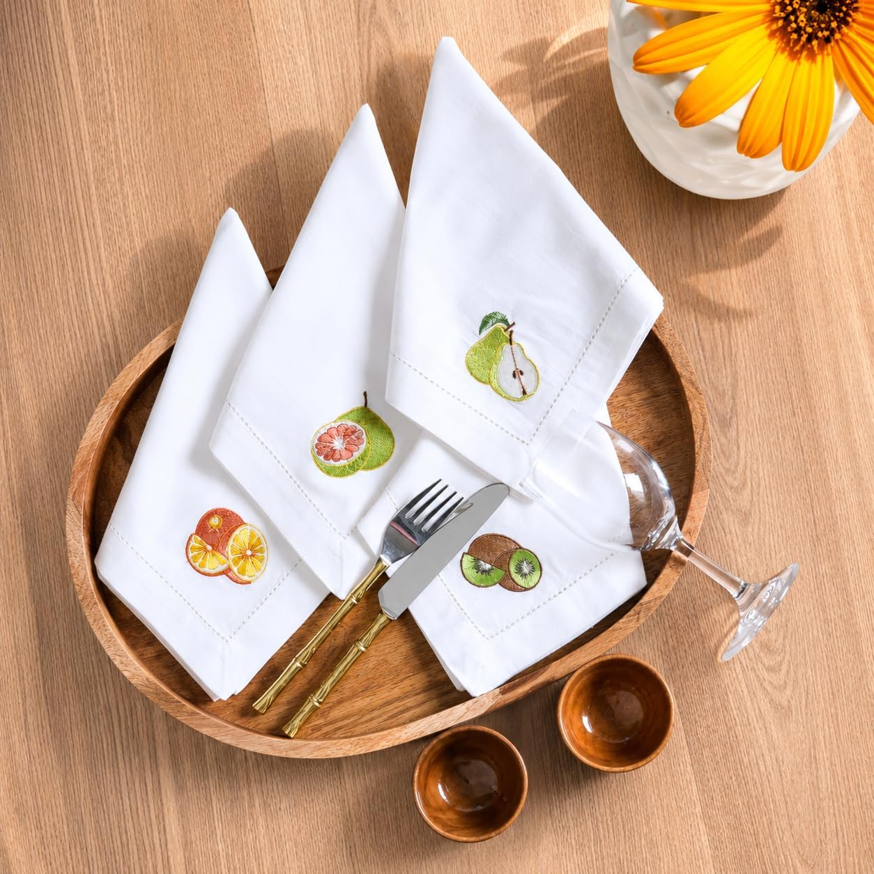 Cotton Dinner Napkins Set of 12, 18x18 White Embroidered Hemstitched Cloth